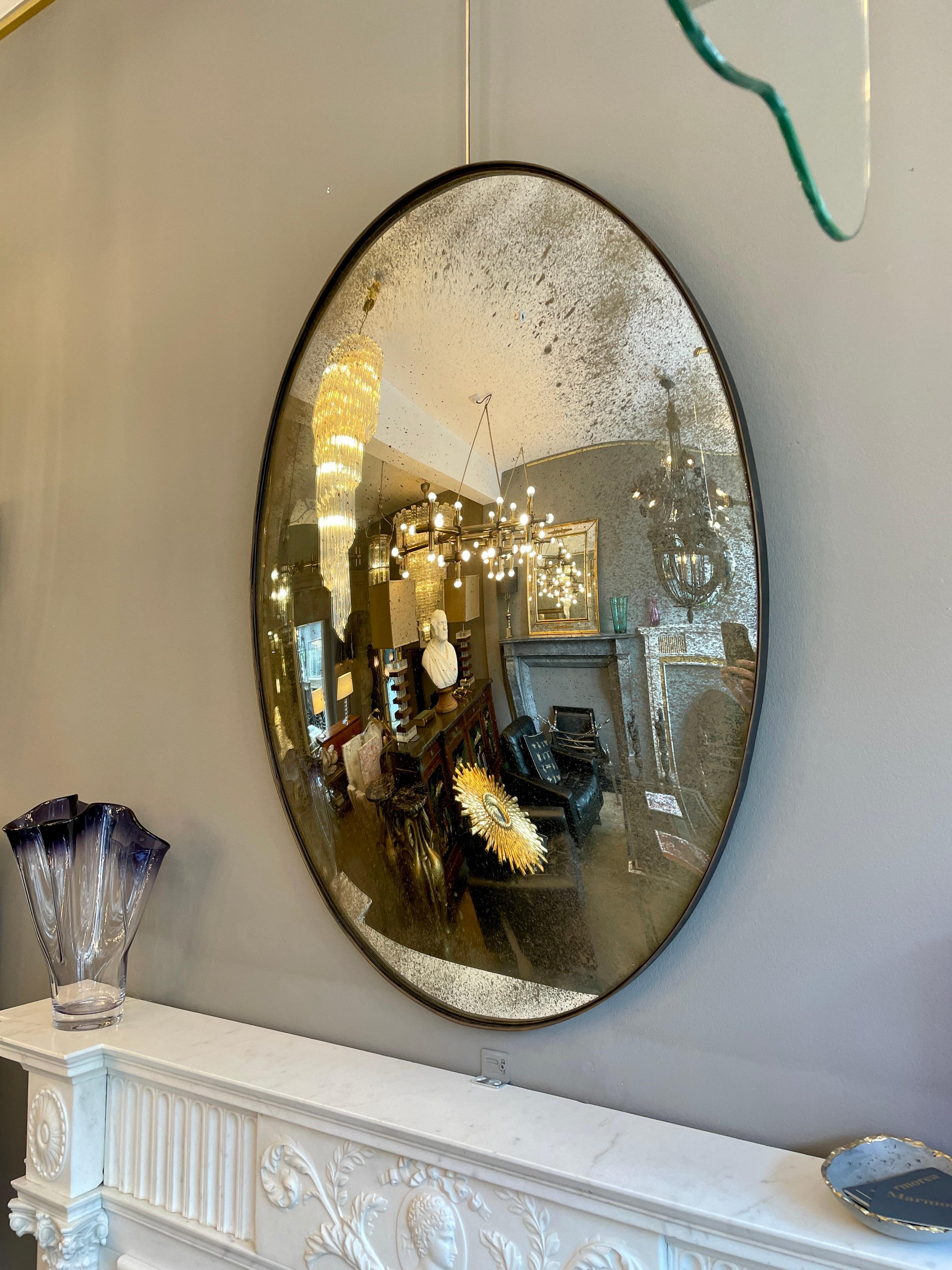 Contemporary Large Convex Oval Silver Distressed Mirror