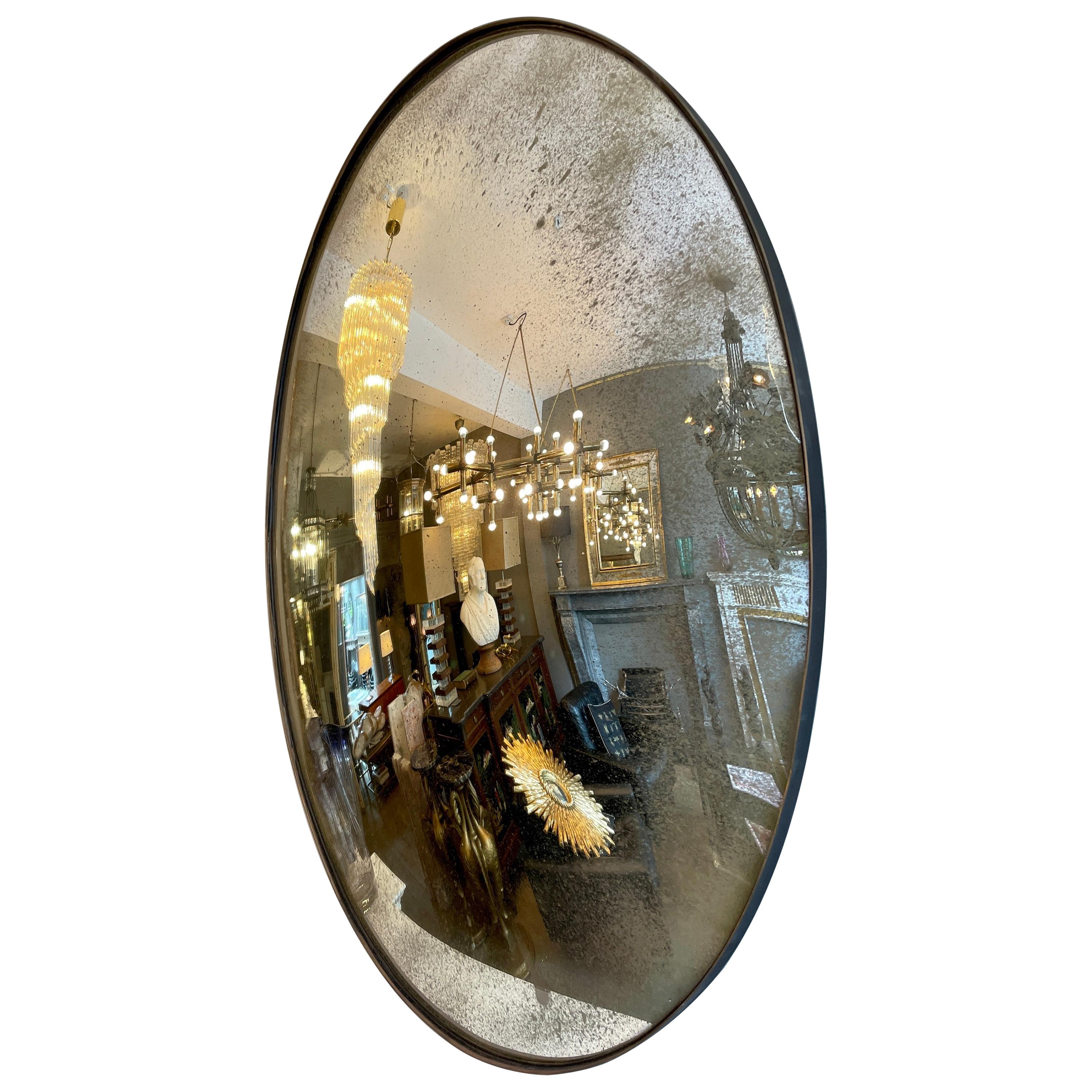 Large Convex Oval Silver Distressed Mirror