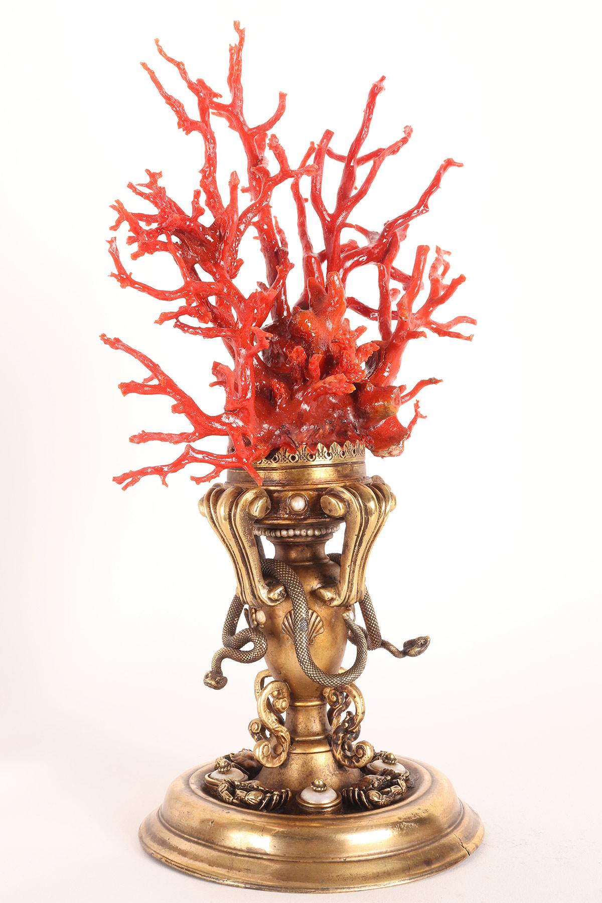 An important Mediterranean red coral tree (Corallium Rubrum).
The base is made of gilded bronze, with a circular foot with a wavy profile that rises towards the center. Along the mezzanine, a sequence of crab sculptures alternating with