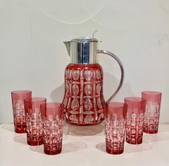 Large Cranberry Cut Glass & Silver Cocktail Set