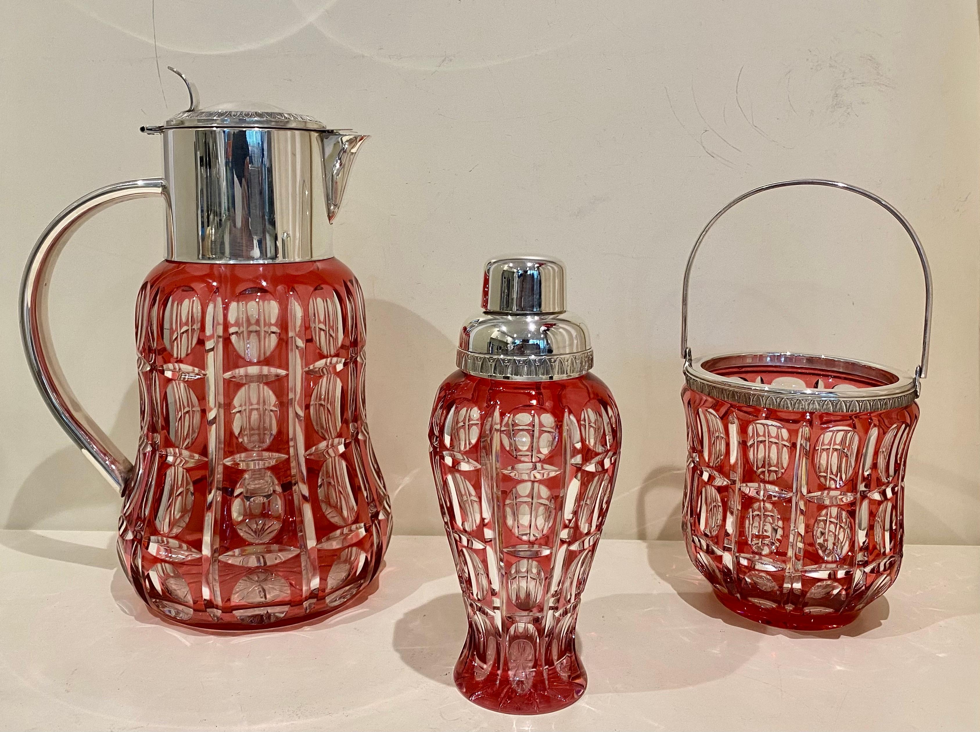 French Large Cranberry Cut Glass & Silver Cocktail Set For Sale