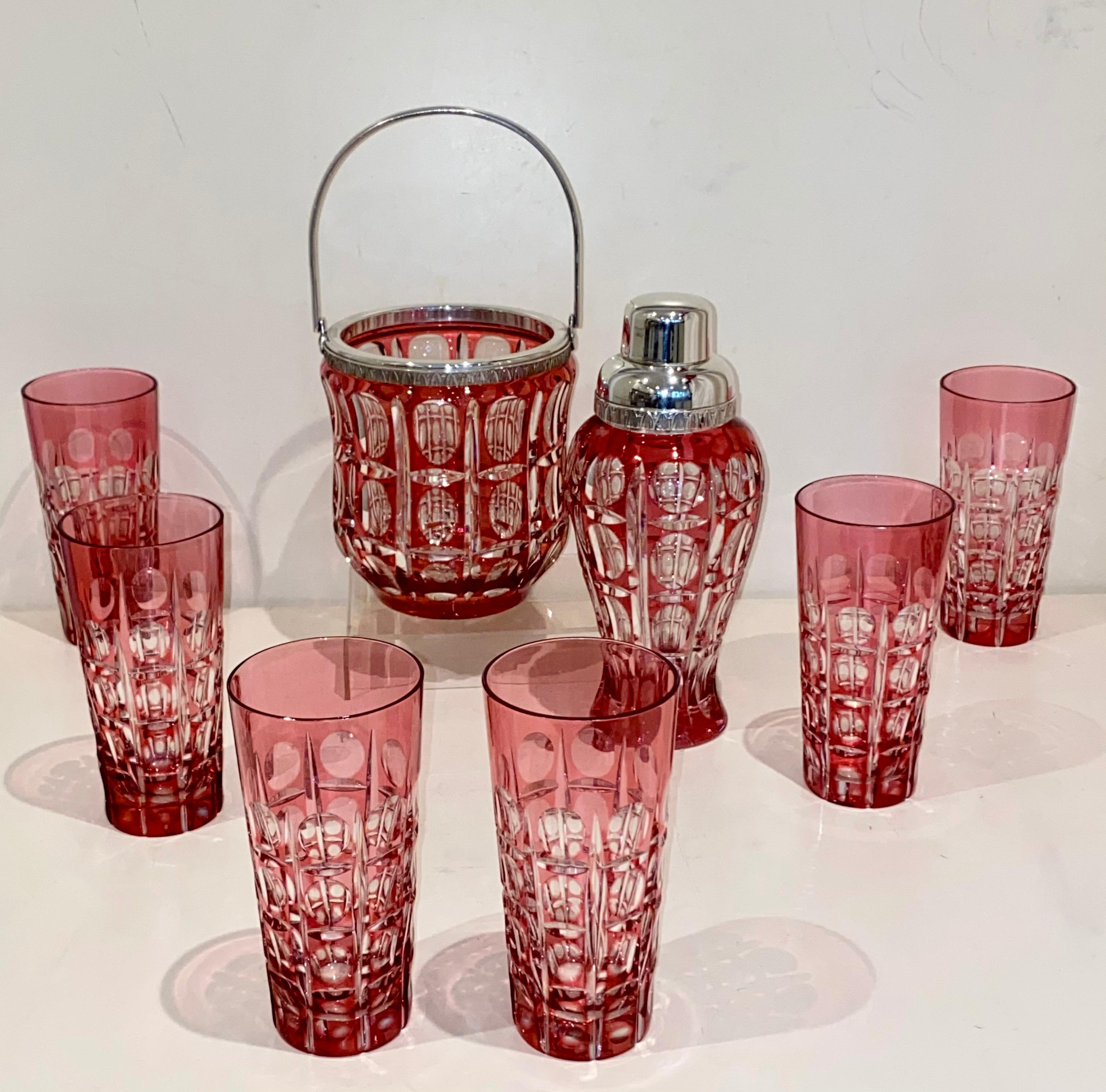 Large Cranberry Cut Glass & Silver Cocktail Set In Excellent Condition For Sale In London, GB