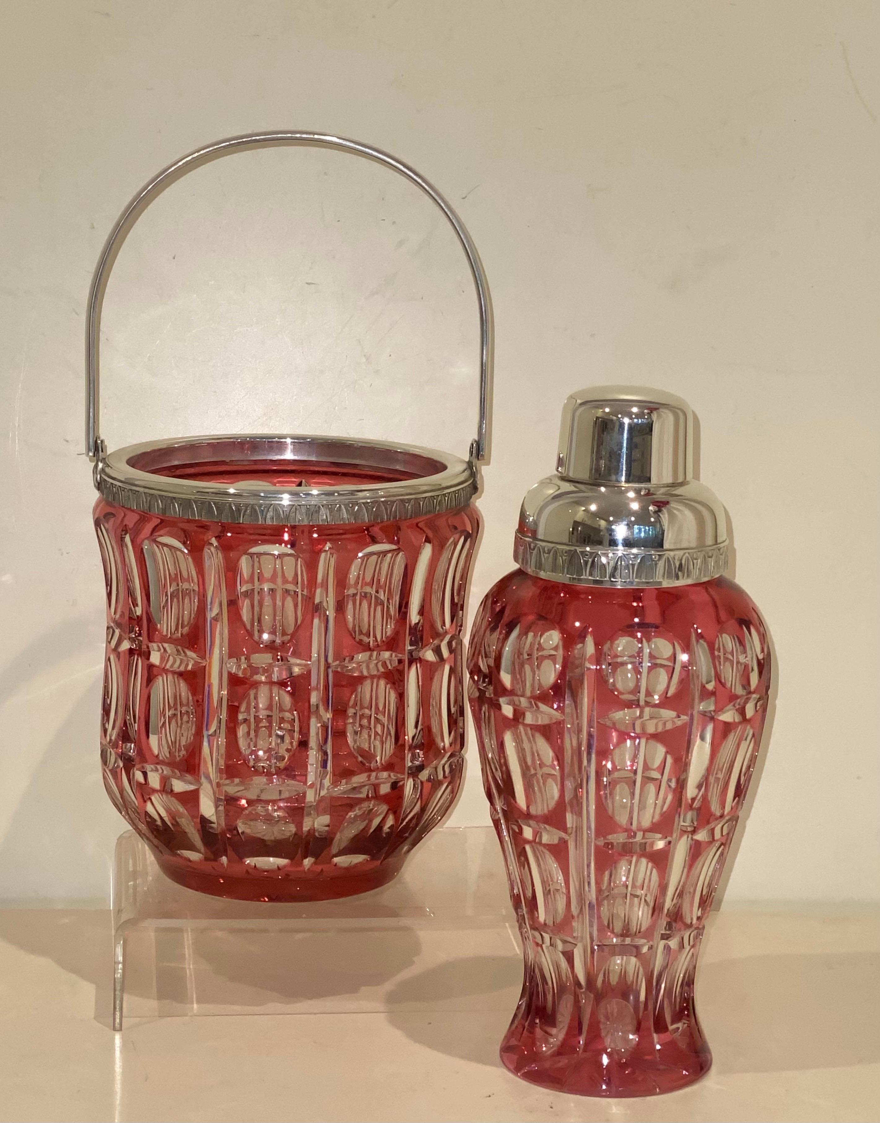 Early 20th Century Large Cranberry Cut Glass & Silver Cocktail Set For Sale