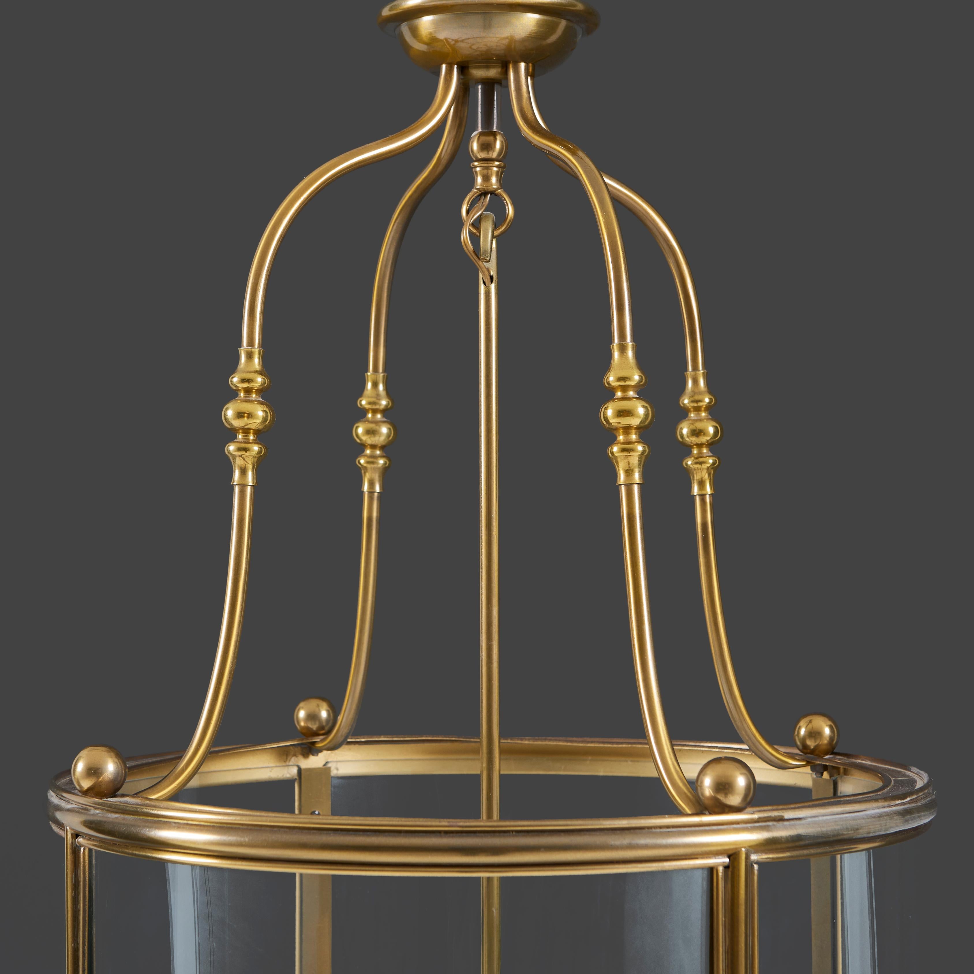 A Large Cylindrical Brass Hall Lantern With Curved Glass In Good Condition For Sale In London, GB