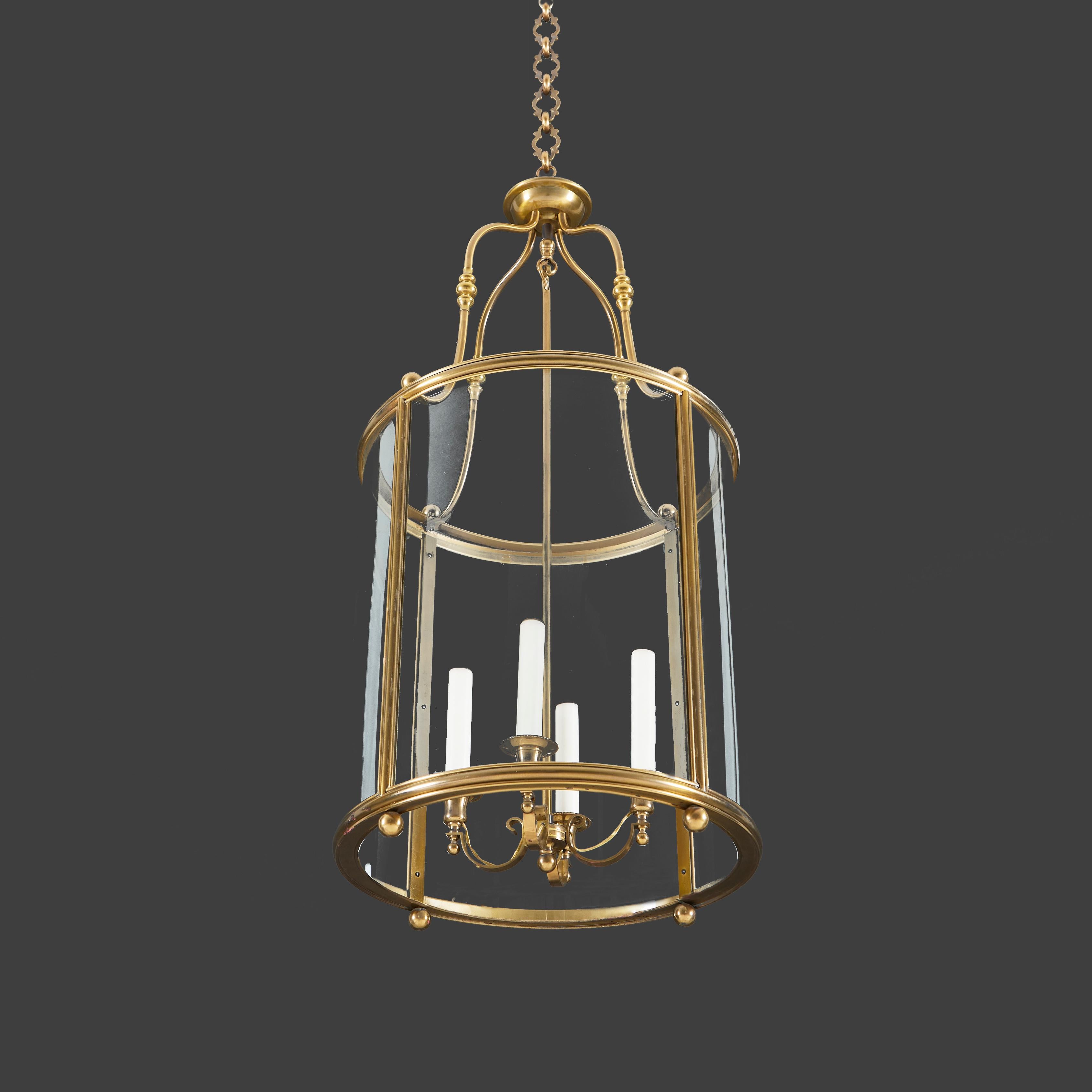 20th Century A Large Cylindrical Brass Hall Lantern With Curved Glass For Sale