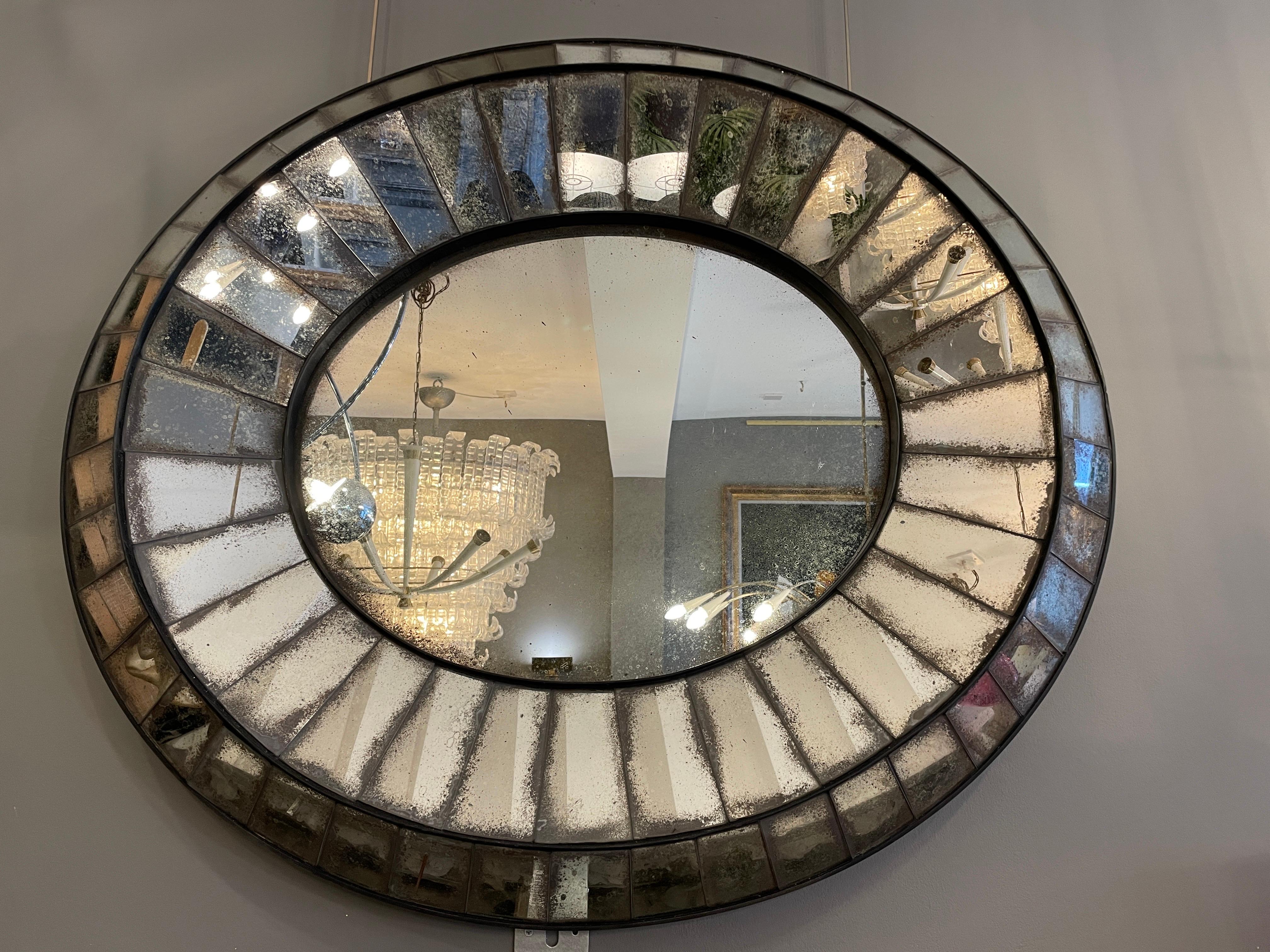 Modern Large Distressed Oval Cushion Panelled Mirror For Sale