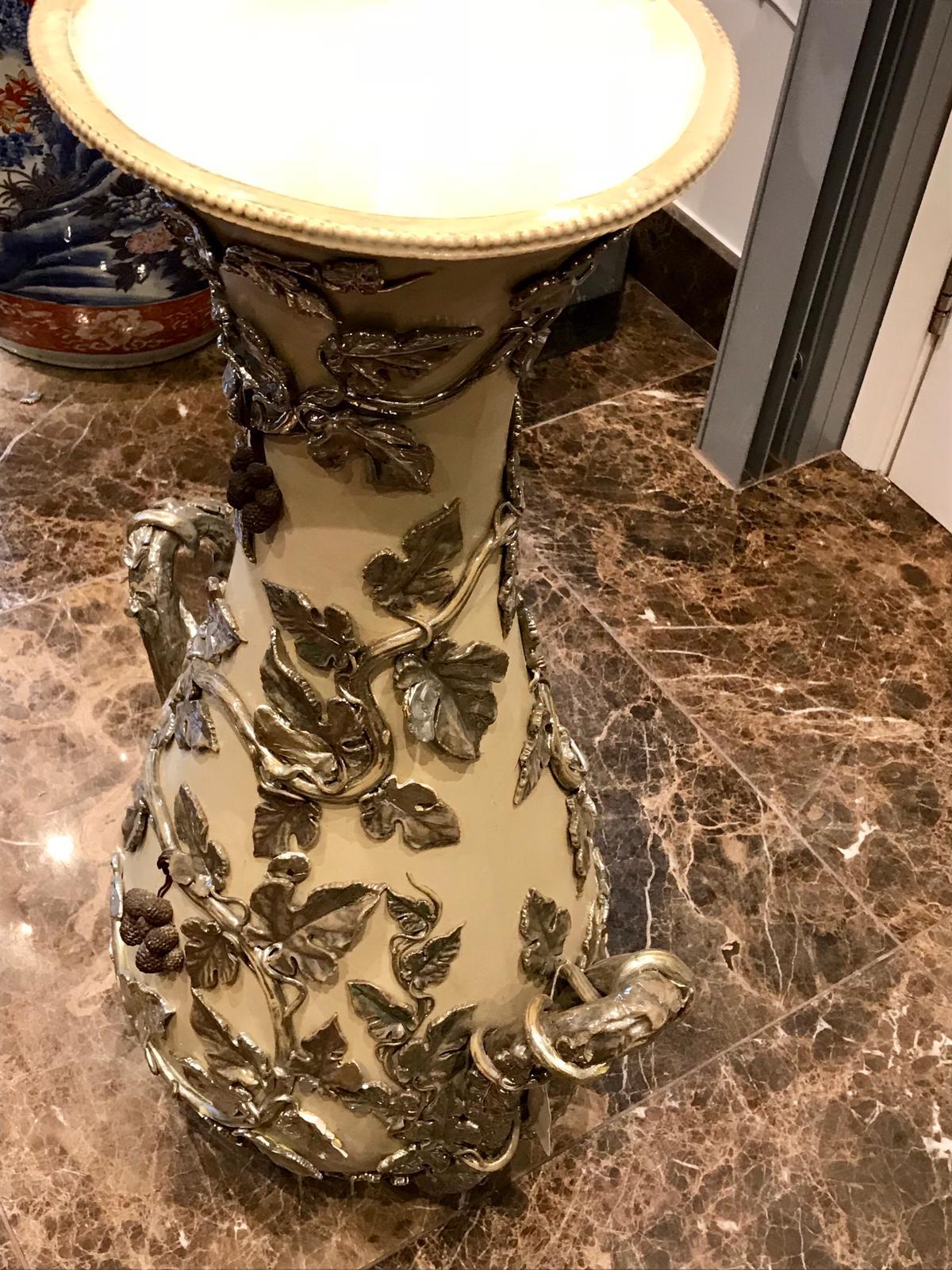 A Large Dual-Handled Villeroy & Boch Stoneware Vase With Silver Overlay For Sale 1