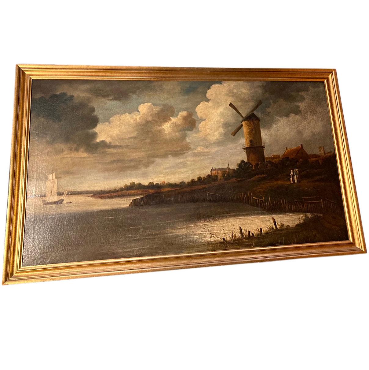 A large circa 1940s Dutch waterside landscape with later frame.

Measurements:
Width 68