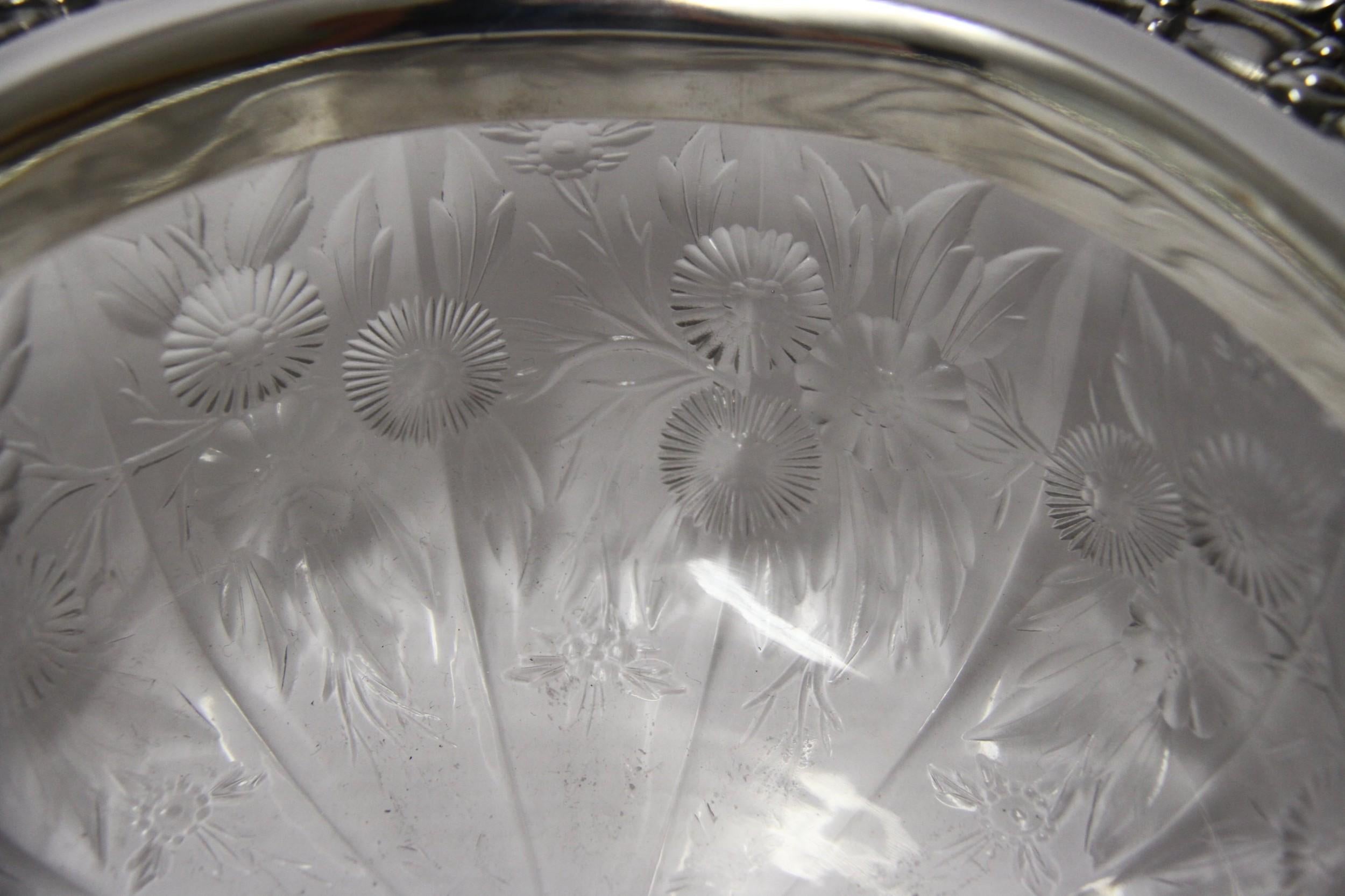 American Large Early 20th Century Tiffany & Co. Silver Mounted Intaglio Cut Glass Bowl For Sale