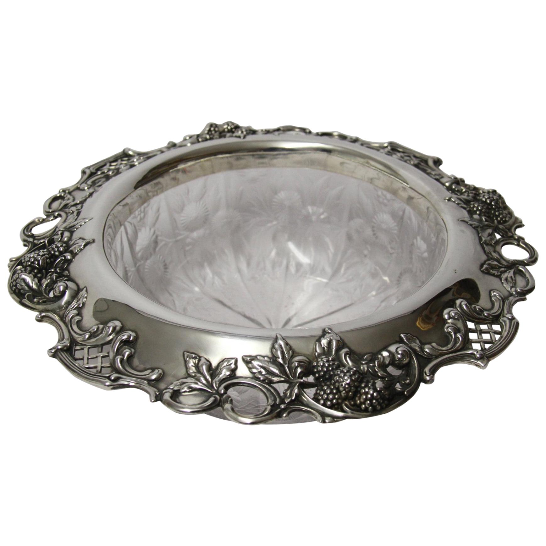 Large Early 20th Century Tiffany & Co. Silver Mounted Intaglio Cut Glass Bowl For Sale