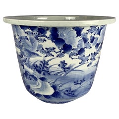 Large Blue and White Planter in Japanese Porcelain Hand-Painted