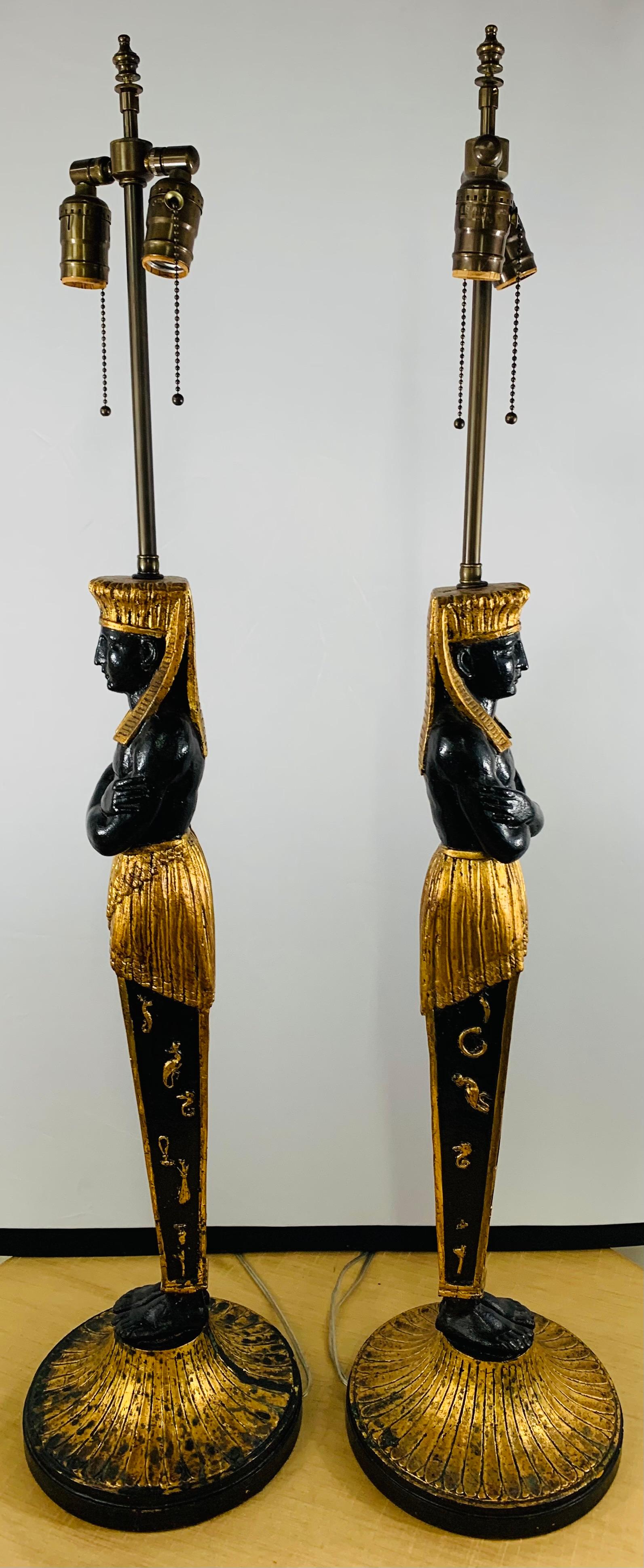 Large Ebonized and Gilded Pharaoh Table Lamp, a Pair In Good Condition For Sale In Plainview, NY