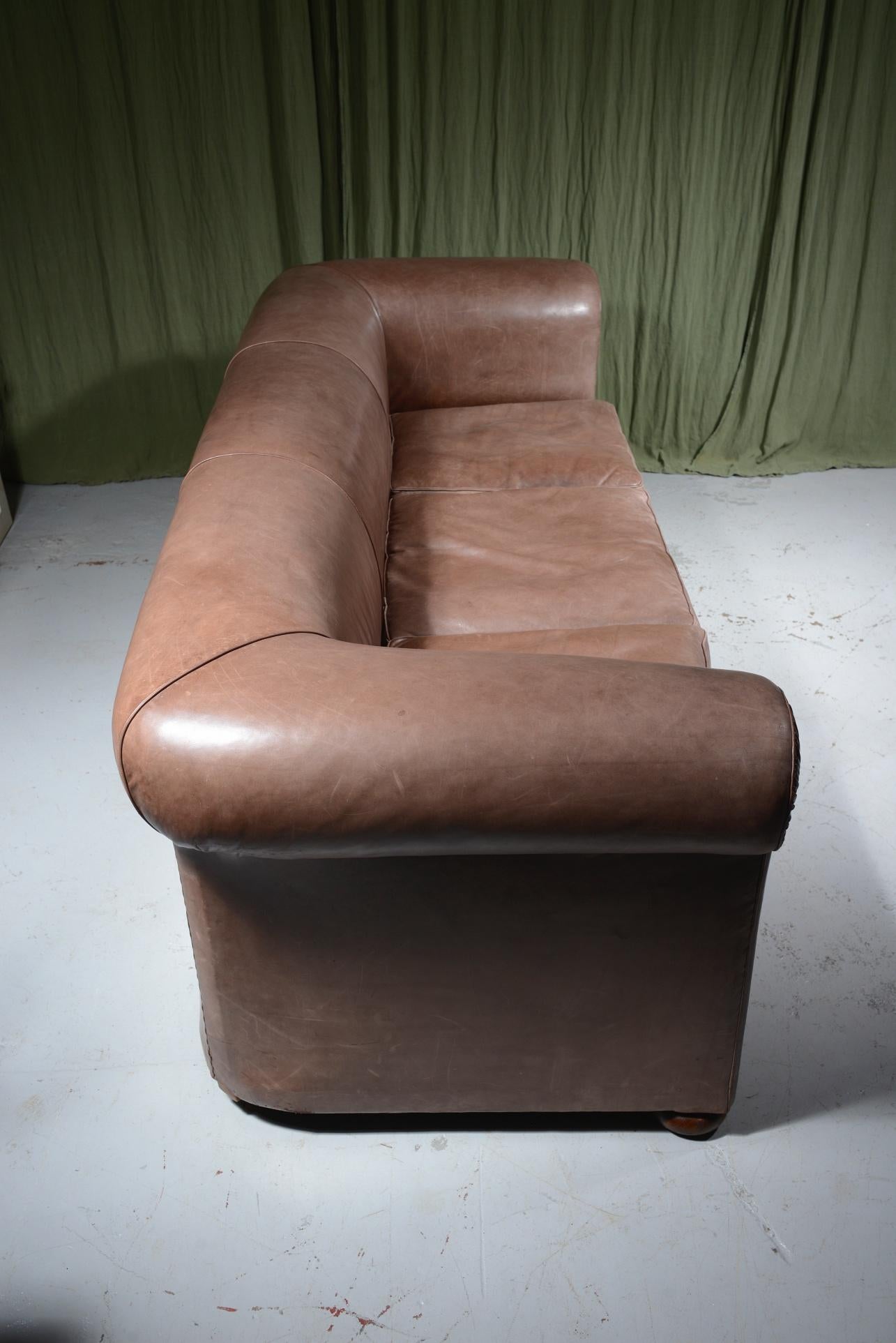 Large Edwardian Light Brown Leather Three Seater Chesterfield Sofa 1