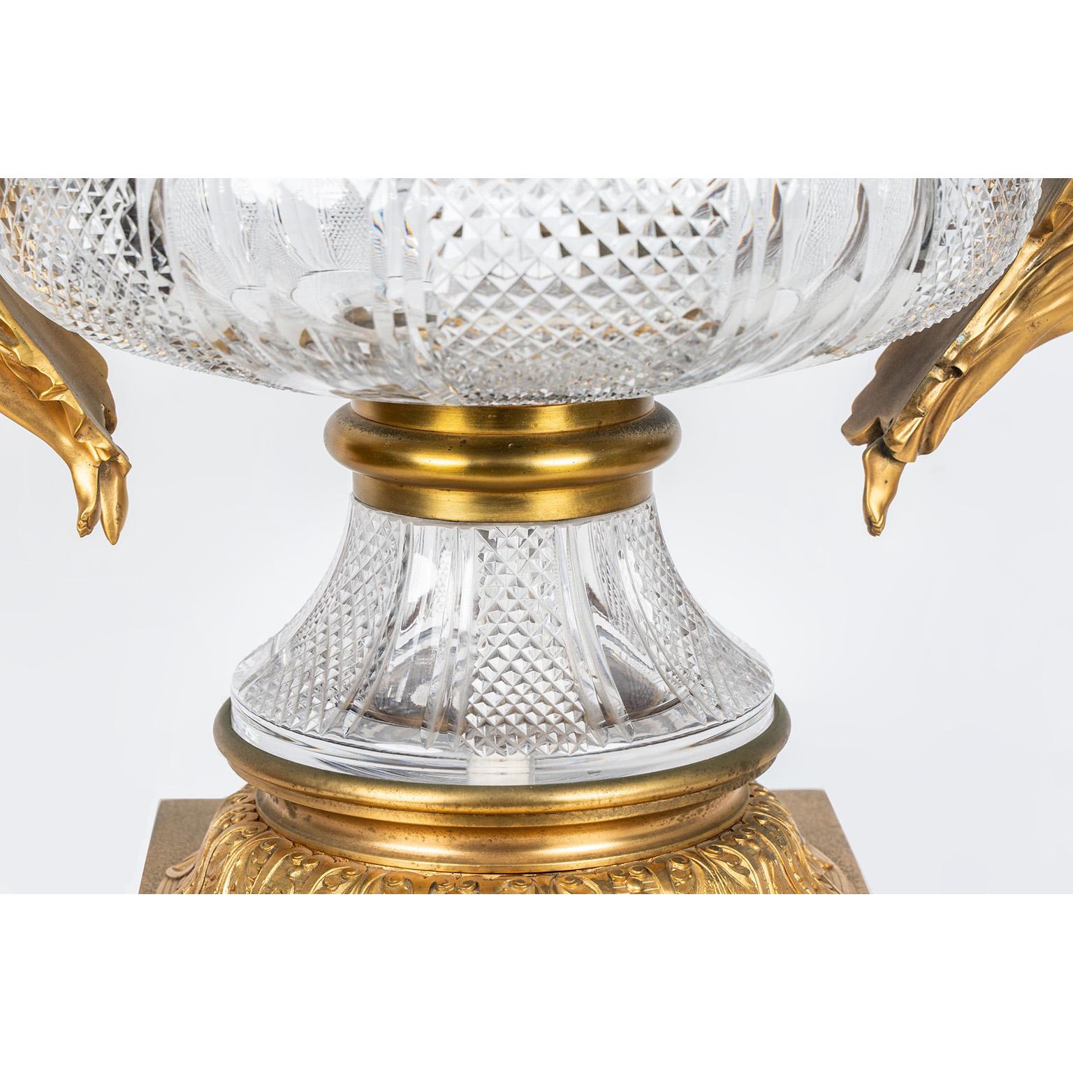 Large Empire Style Gilt-Bronze and Cut-Glass 'Grande Coupe' Urn Centerpiece In Good Condition For Sale In Los Angeles, CA