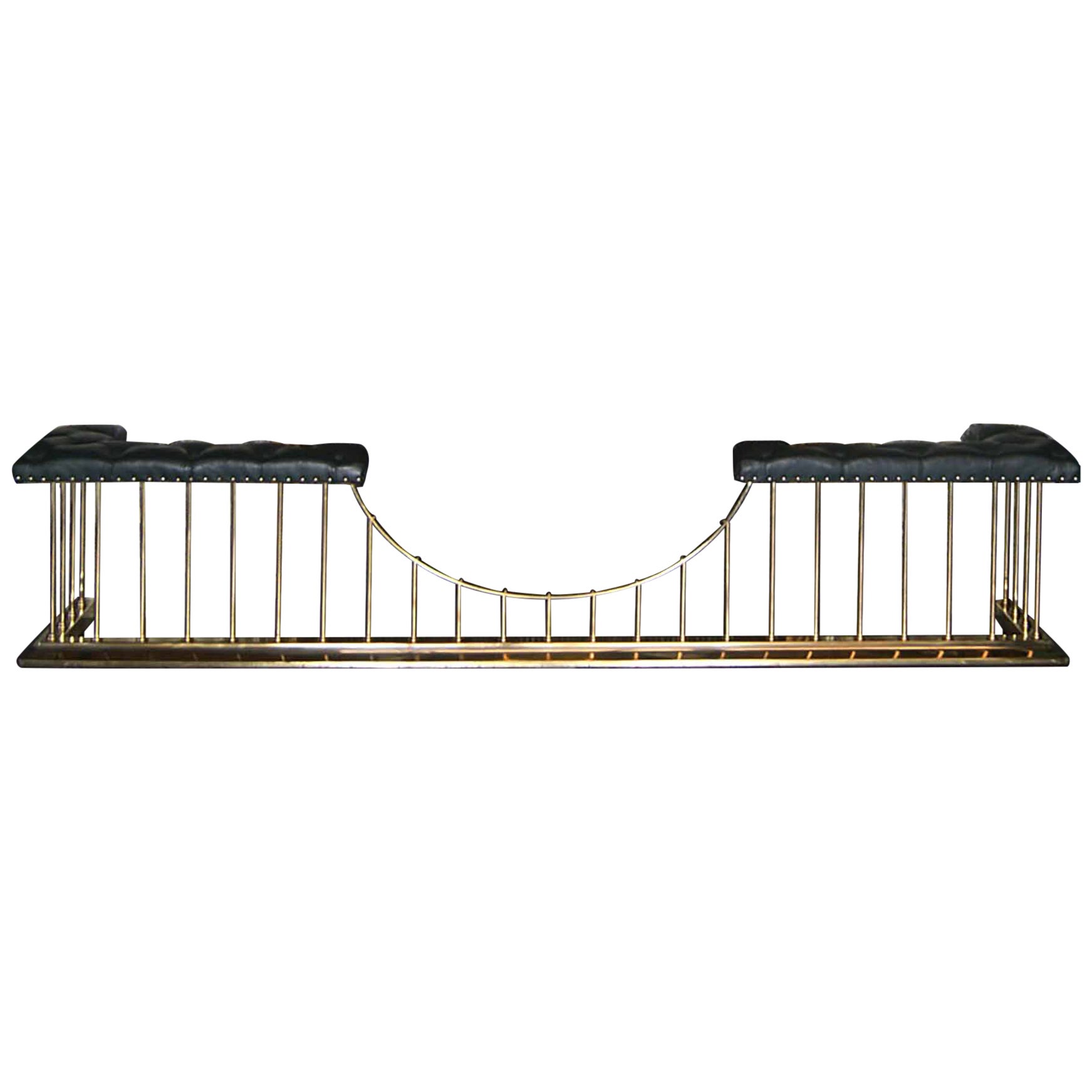 A Large English Brass Fireplace Club Fender with Green Leather Seat