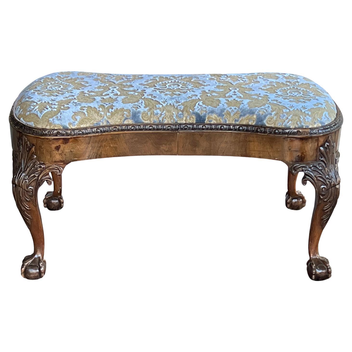 A Large English George II Walnut Bench with Carved Legs
