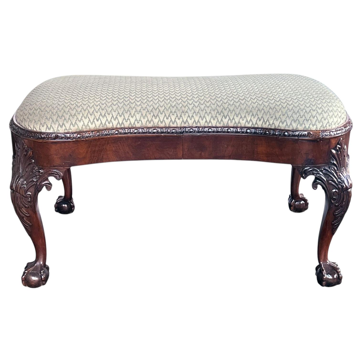 A Large English George II Walnut Bench with Carved Legs