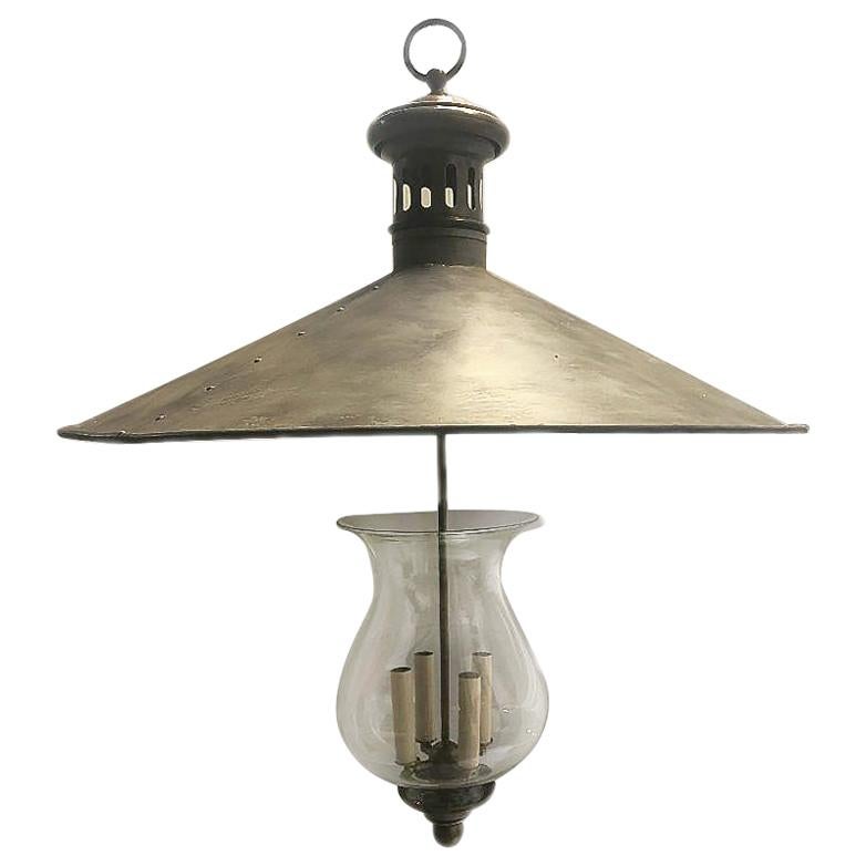 Large English Hammered Metal and Glass Fixture For Sale