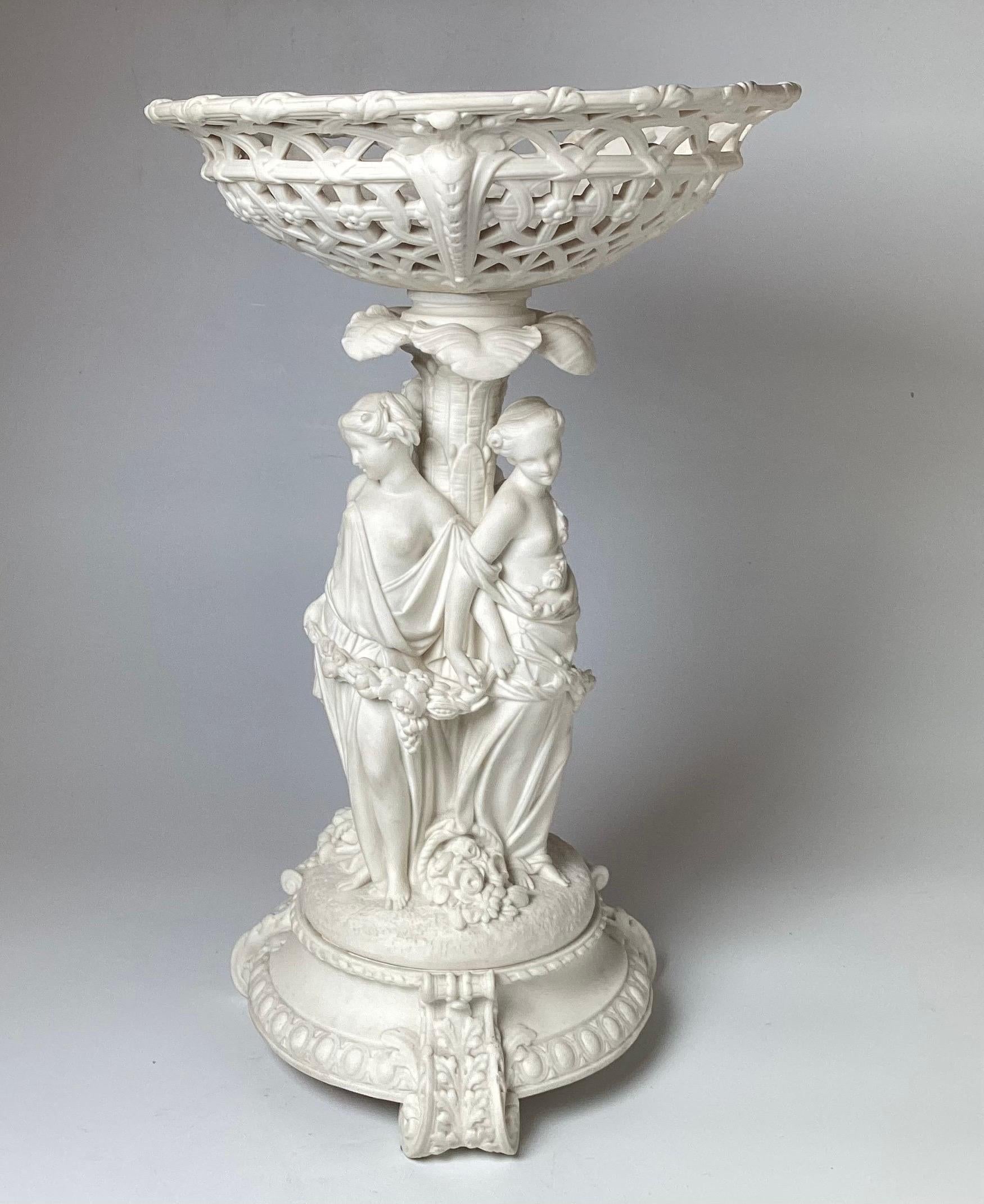A Large English Parian Porcelain Figural Centerpiece Bowl In Good Condition For Sale In Lambertville, NJ