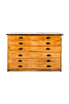 A Large English Pitch Pine Plan Chest or Map Chest With Brass Cup Handles