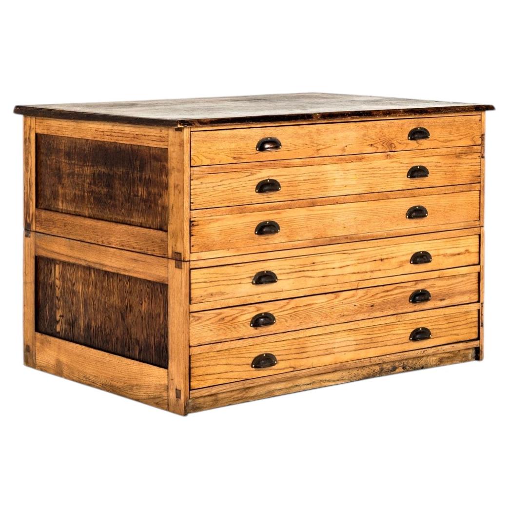 A Large English Pitch Pine Plan Chest or Map Chest With Brass Cup Handles For Sale