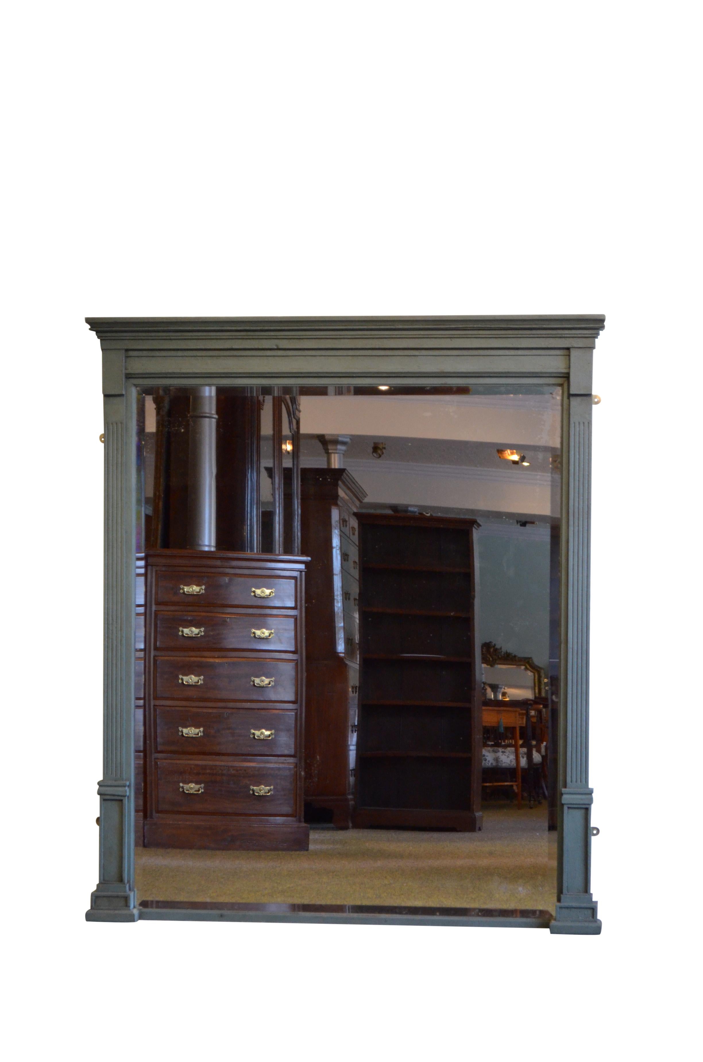 0594  Late Victorian wall mirror with original bevelled edge glass with minor imperfections in blue/ grey painted frame with reeded pilasters, panelled capitals and cavetto cornice. This antique mirror retains its original glass and original