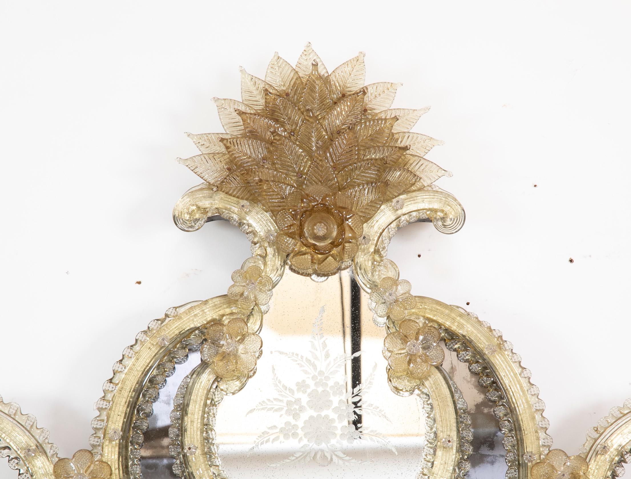 Italian Large Etched Venetian Mirror with Glass Flowers and Rosettes