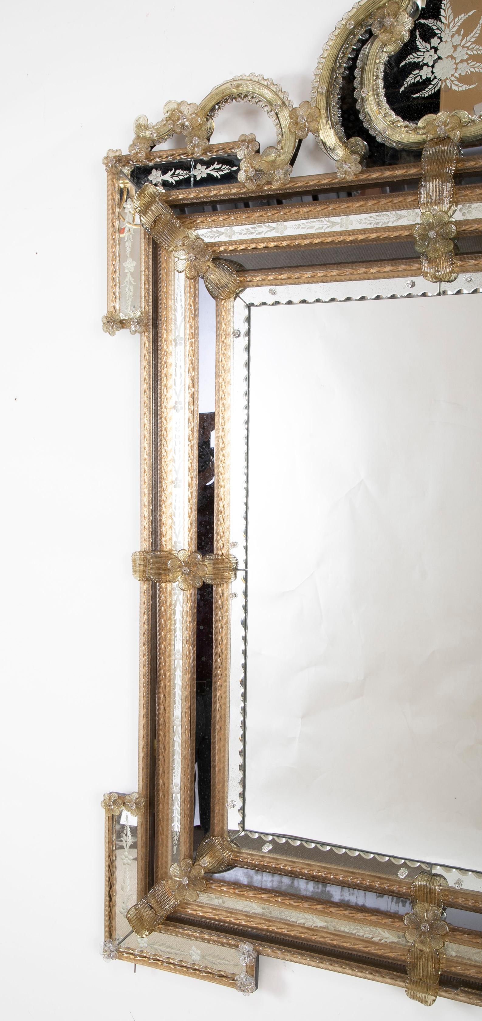 Large Etched Venetian Mirror with Glass Flowers and Rosettes 3