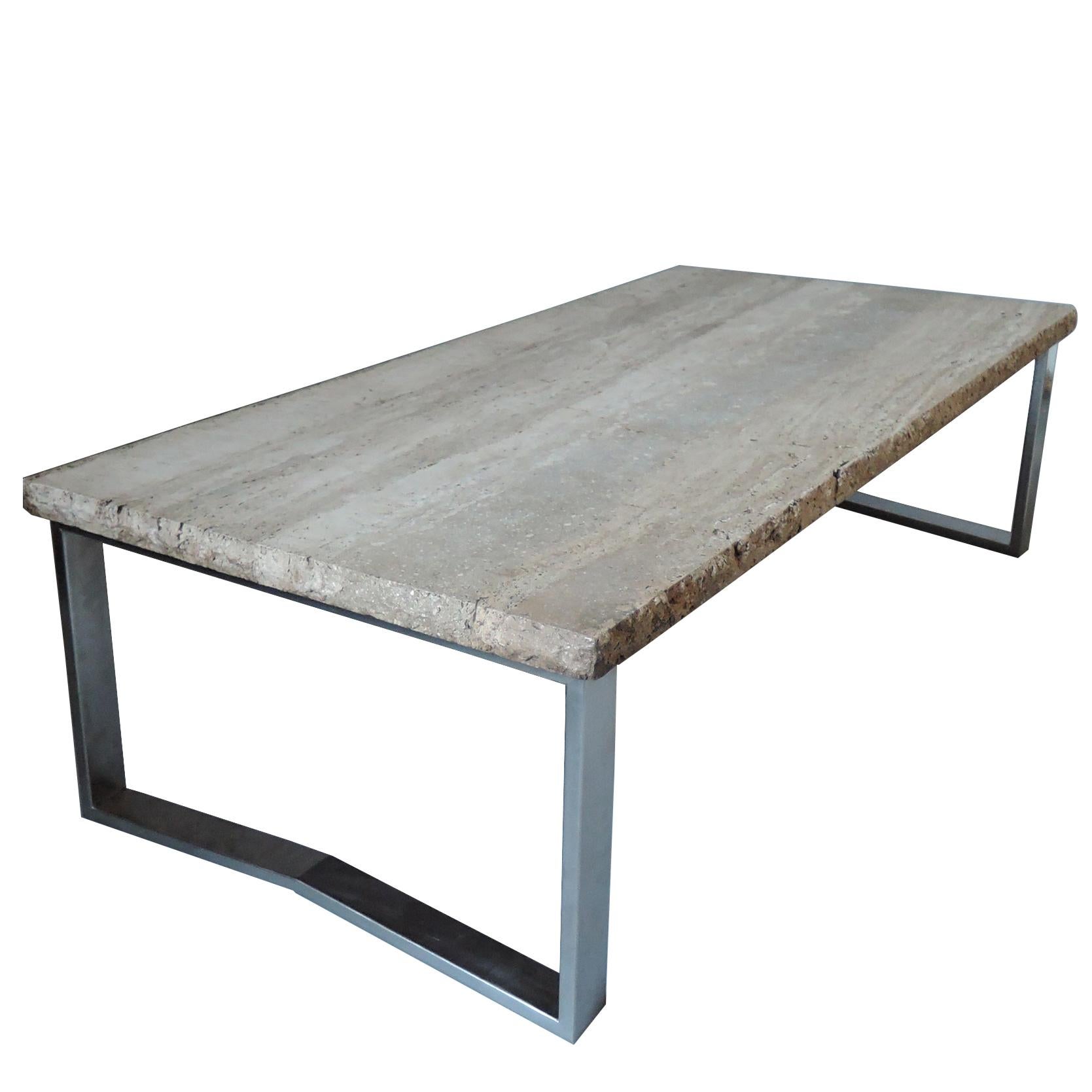 A Large Fine French 1970s Metal Frame Coffee Table with a Travertine Top 