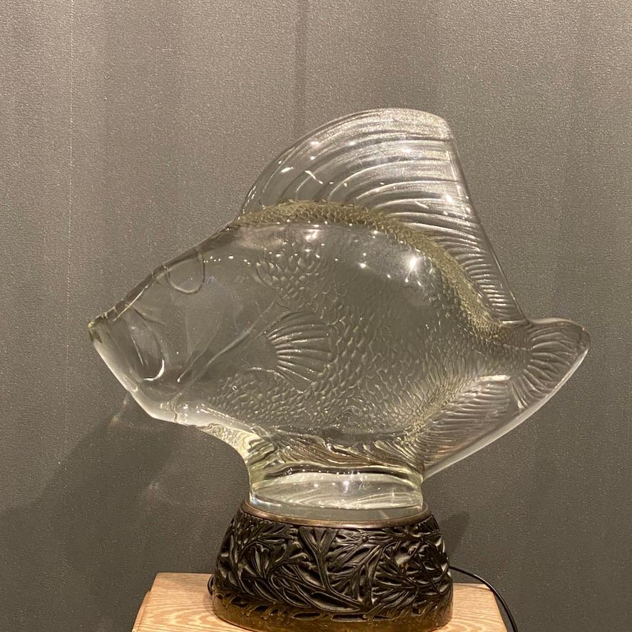 Early 20th Century Large Fish Glass Sculpture  and Its Bronze Socle by René Lalique