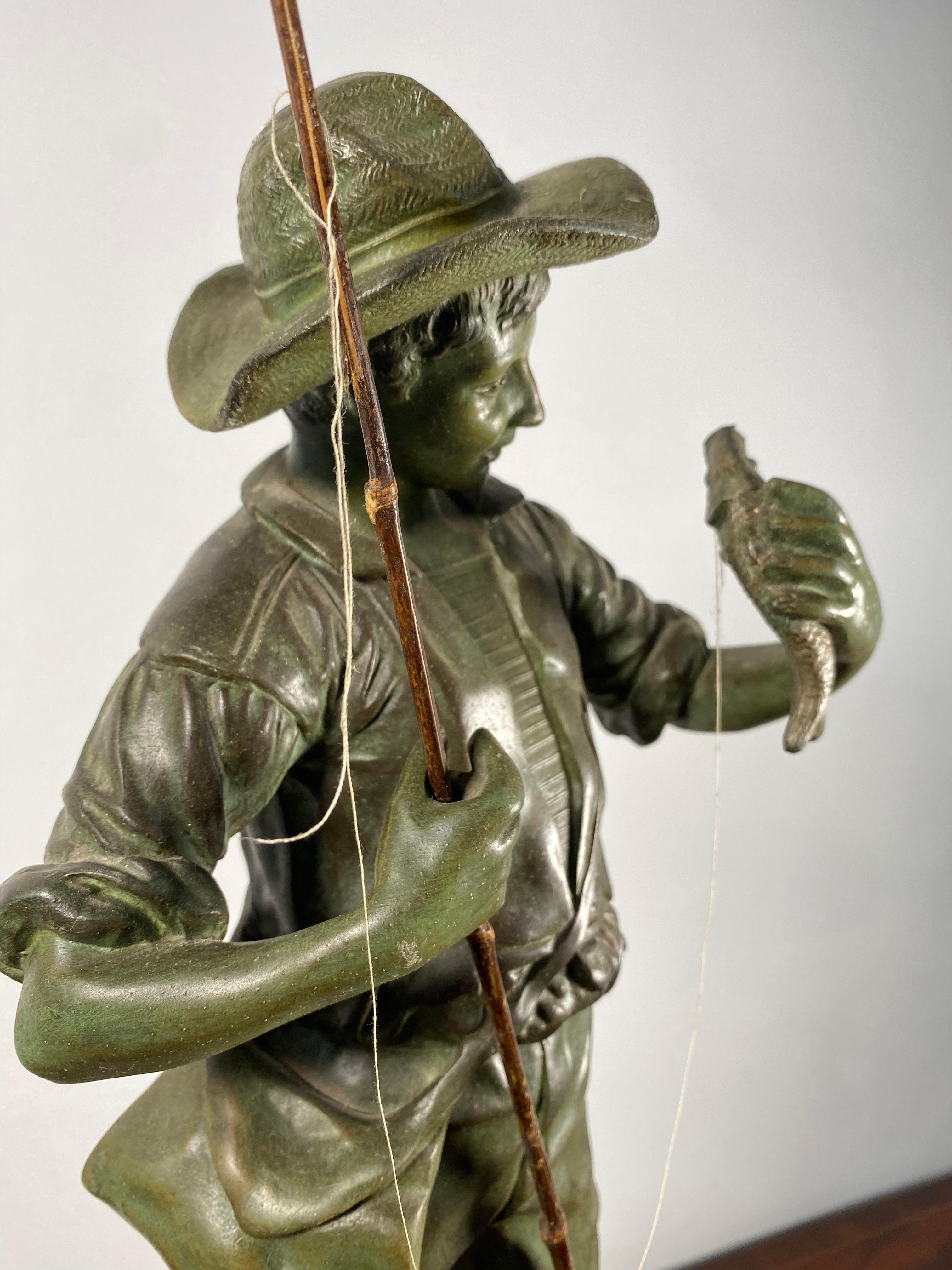 French Large Fishing Boy Bronze by Henri Fugère, Circa 1920