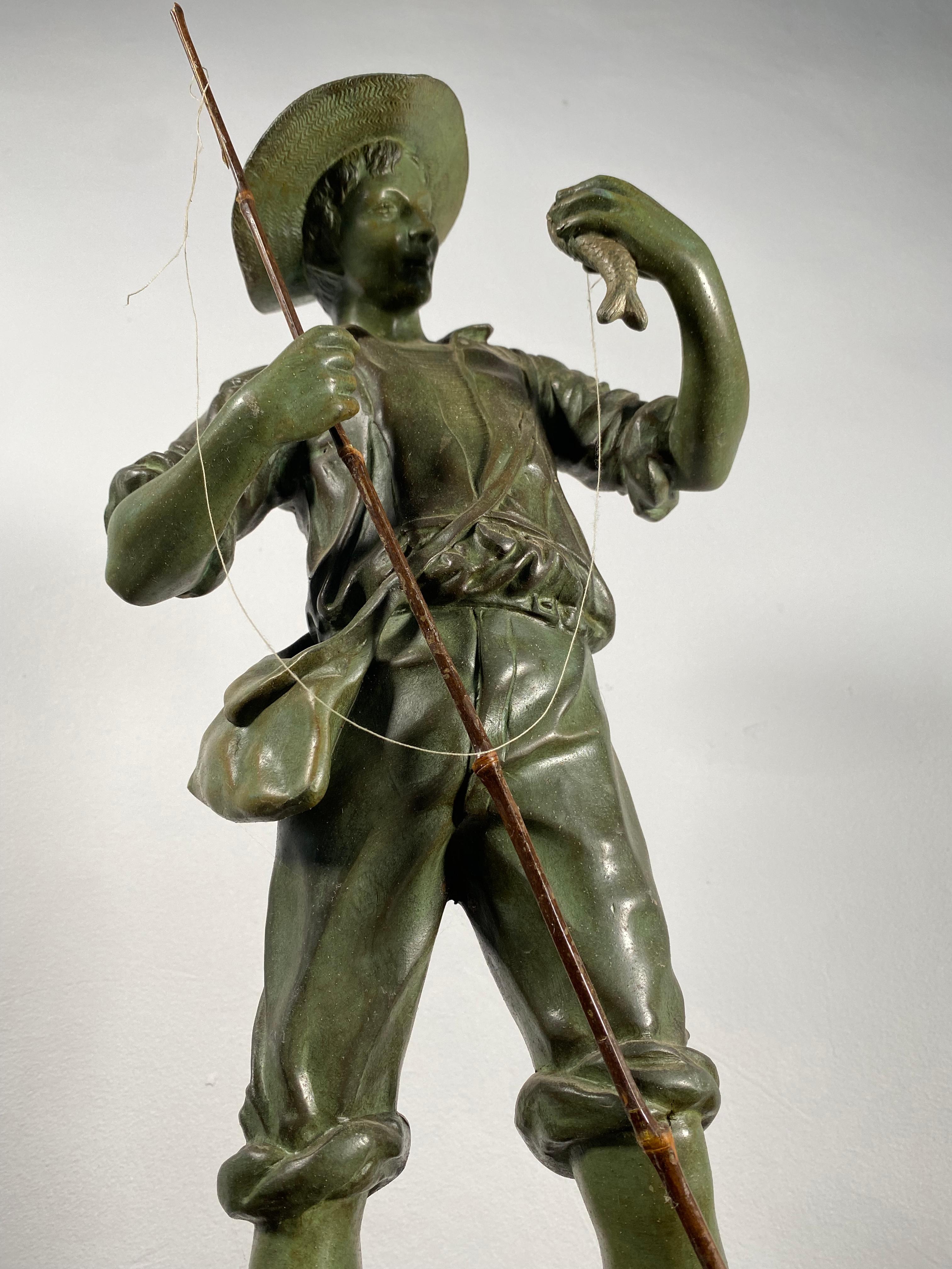 Large Fishing Boy Bronze by Henri Fugère, Circa 1920 1