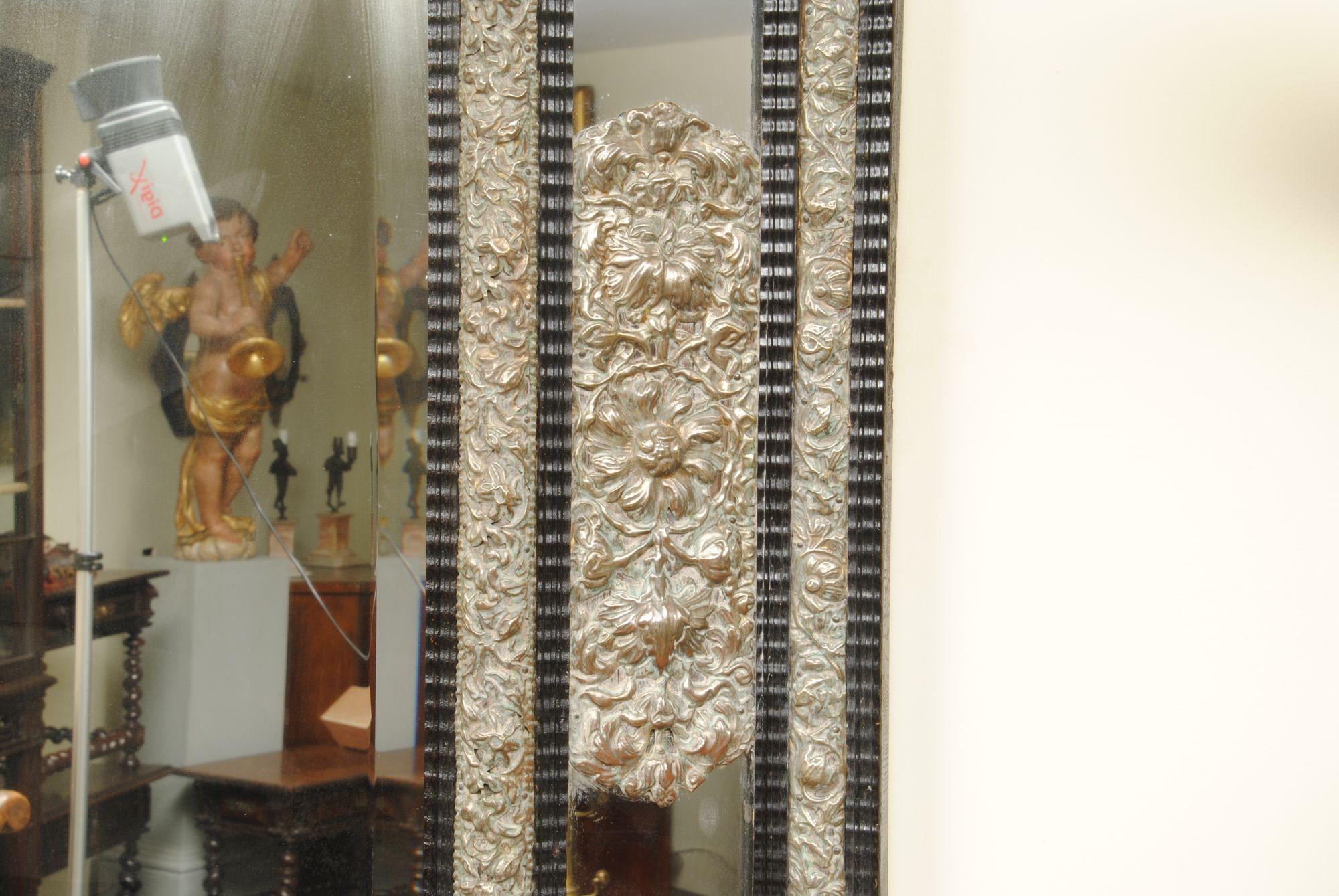 Dutch Large Flemish Ebonized Ripple Cushion Mirror with Silvered Decoration For Sale