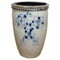 Large Floral 19th Century Blue and White Ovoid Ceramic Jar - Cizhou Wear