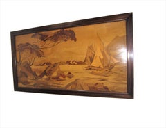 Large Framed Marquetry Inlaid Scenic Wood Panel