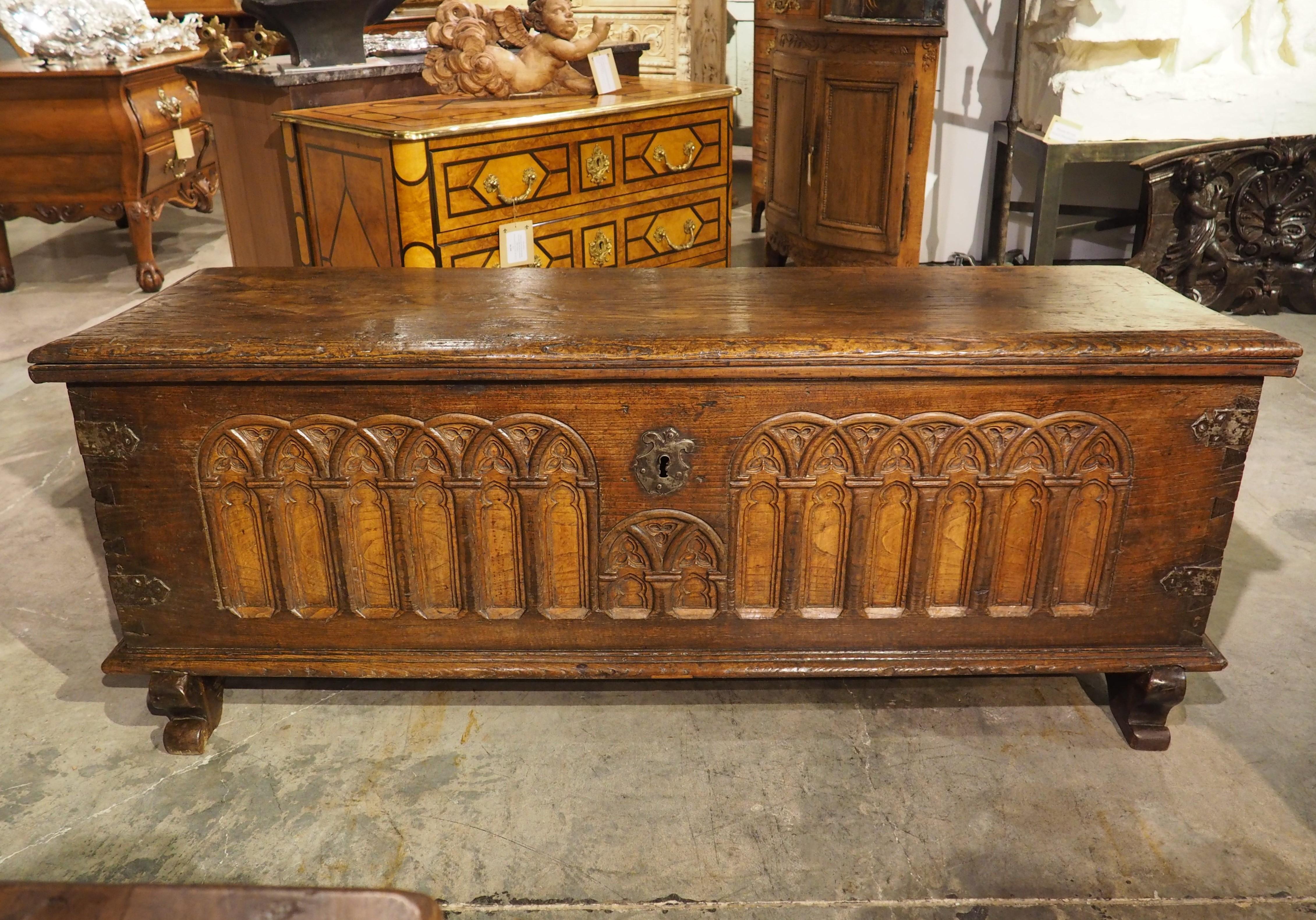 A Large French 17th Century Gothic Style Trunk in Carved Chestnut 8