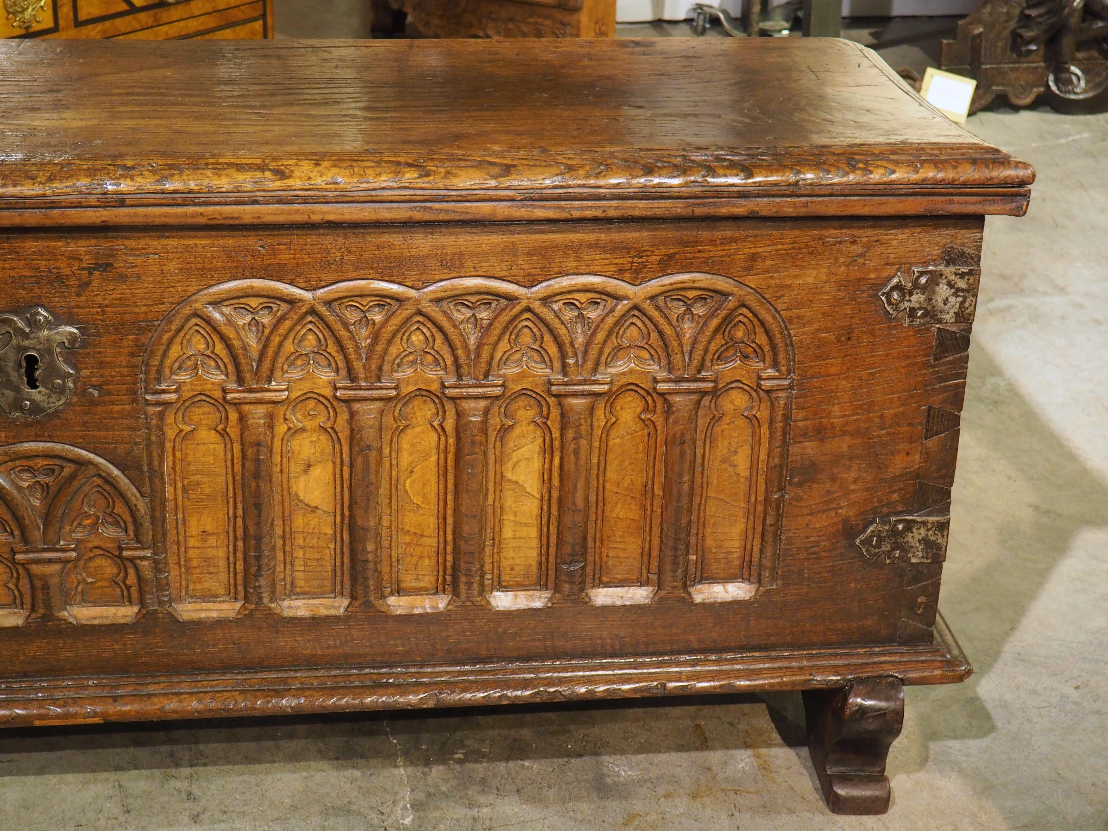 18th Century and Earlier A Large French 17th Century Gothic Style Trunk in Carved Chestnut