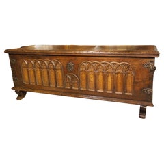 Antique A Large French 17th Century Gothic Style Trunk in Carved Chestnut