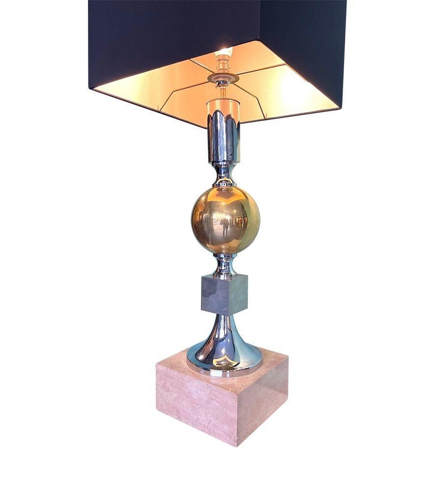 Large French 1970s Brass, Chrome and Marble Lamp by Maison Barbier For Sale 5
