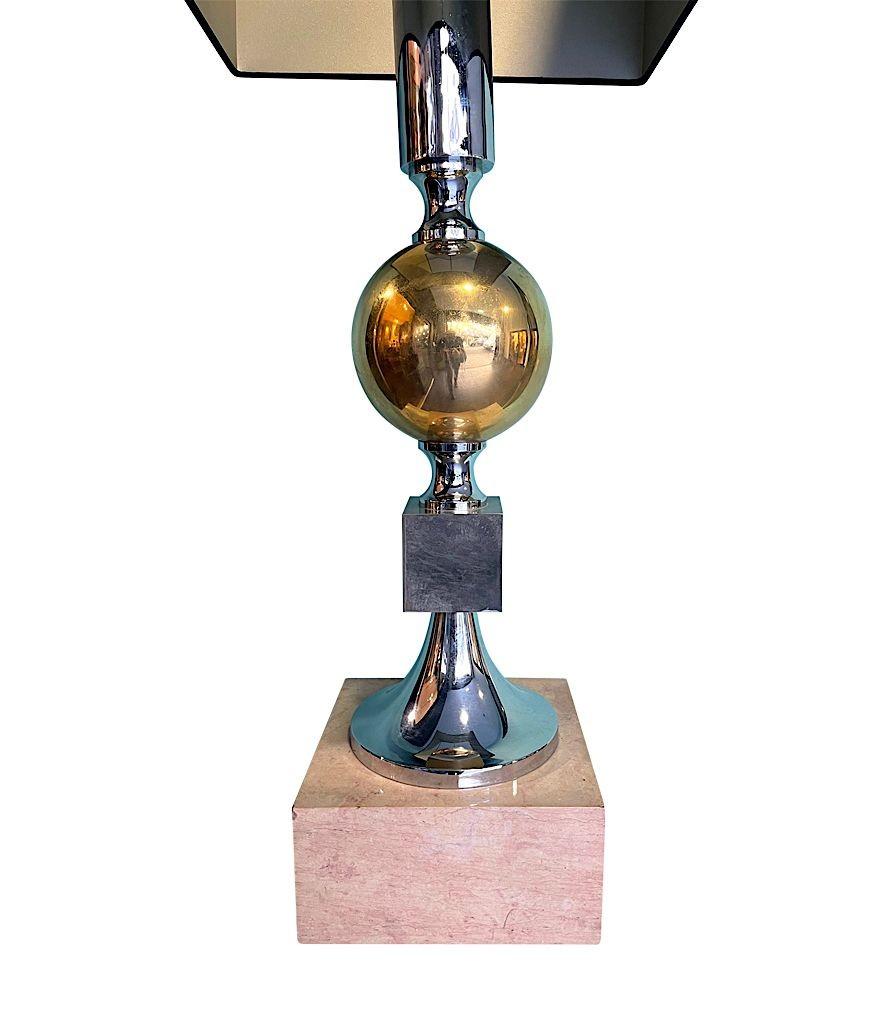 A large French 1970s brass, chrome and pink marble lamp by Maison Barbier. Re wired and PAT tested with new chrome fittings. Shade not included but can be supplied at additional cost.