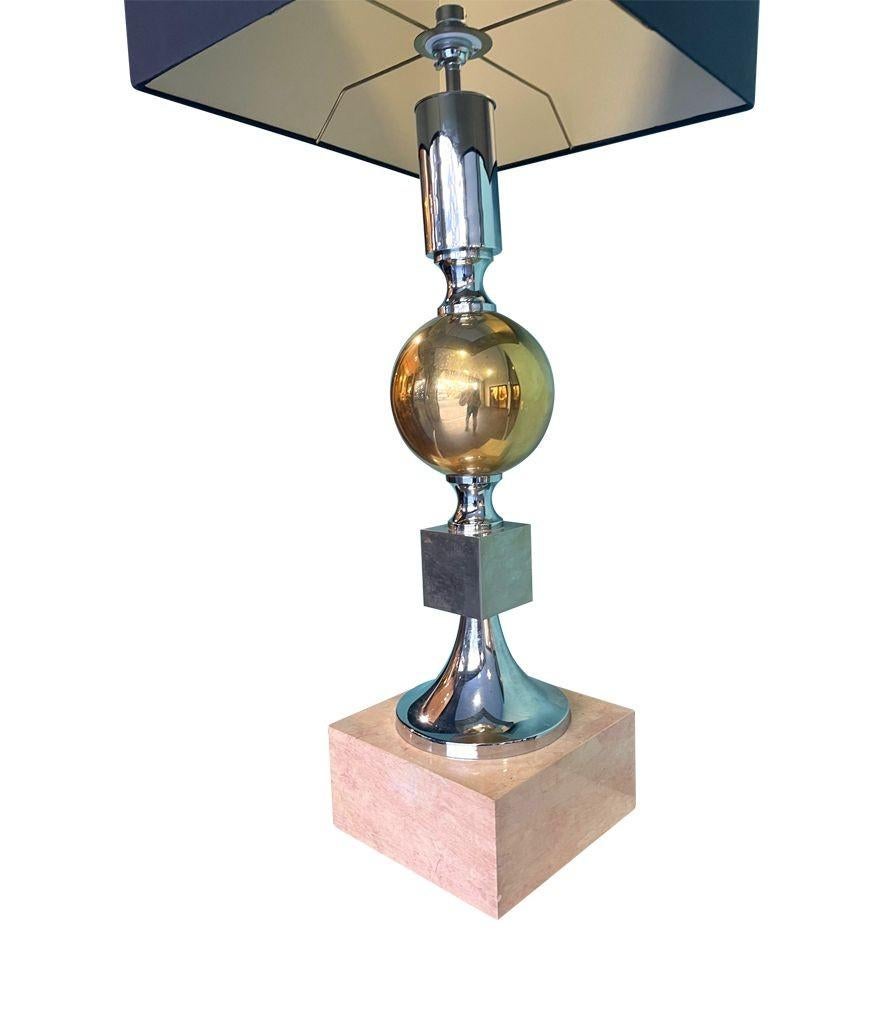 Large French 1970s Brass, Chrome and Marble Lamp by Maison Barbier In Good Condition For Sale In London, GB