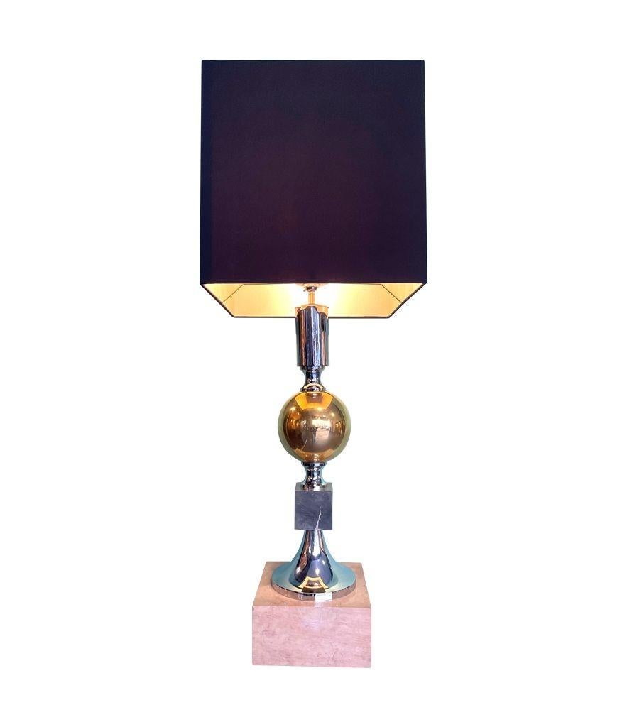 Large French 1970s Brass, Chrome and Marble Lamp by Maison Barbier For Sale 1