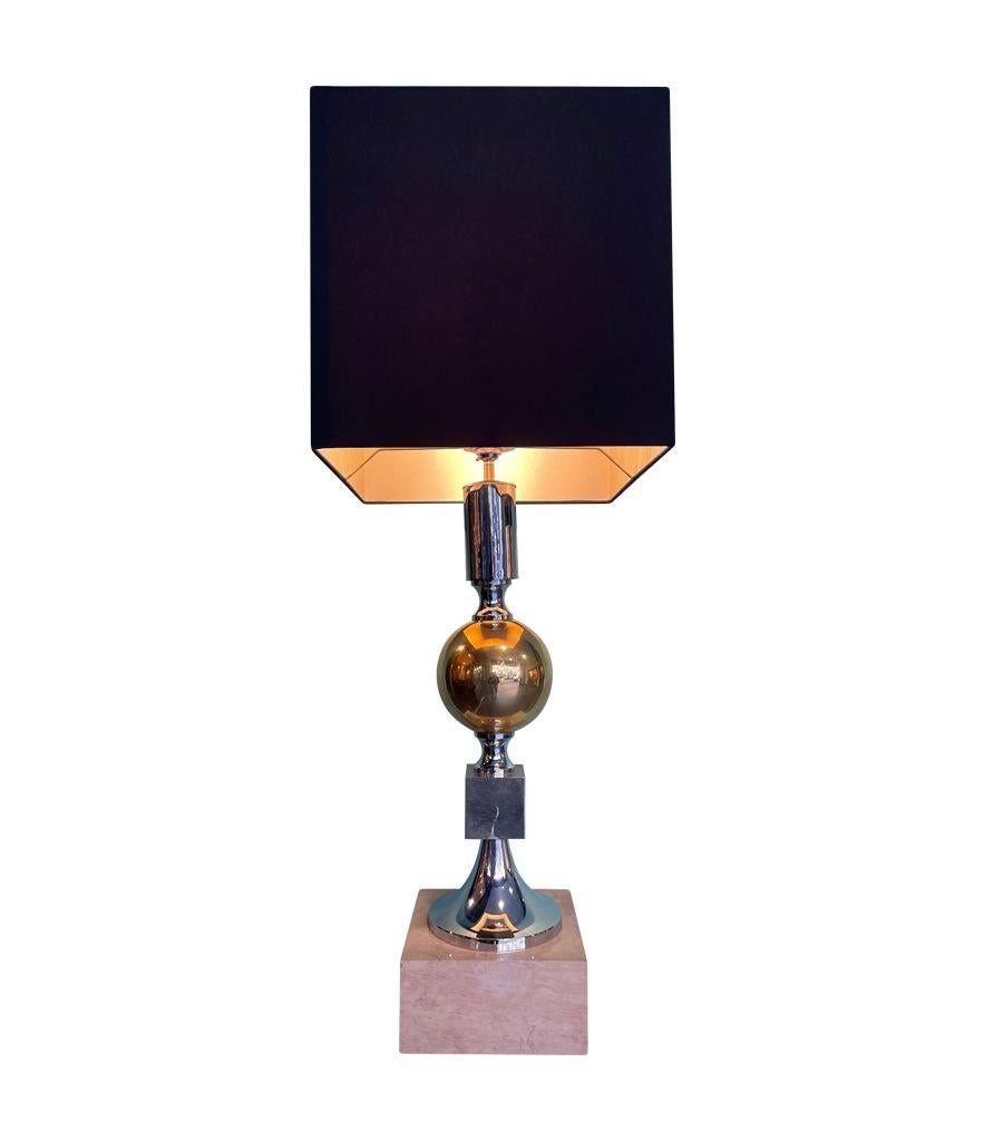 Large French 1970s Brass, Chrome and Marble Lamp by Maison Barbier For Sale 2