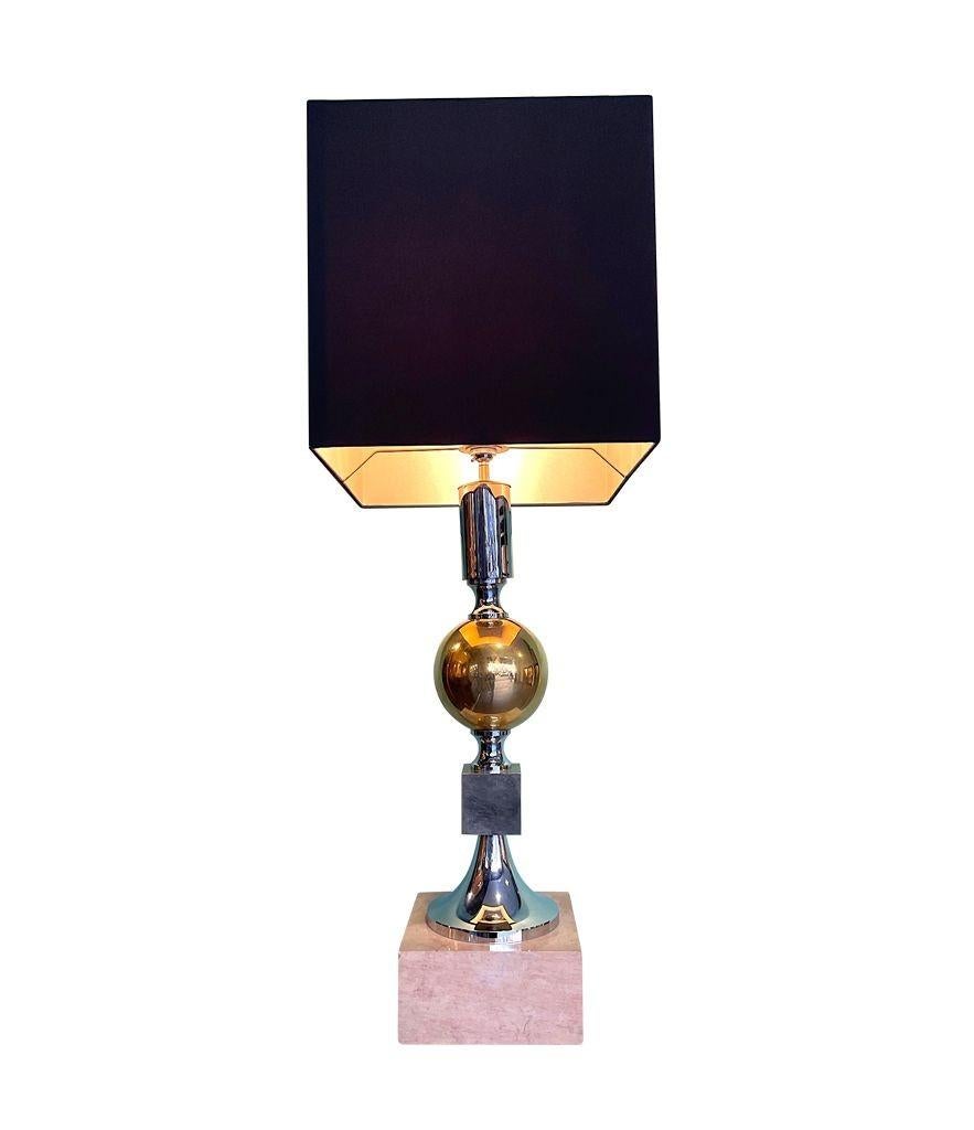 Large French 1970s Brass, Chrome and Marble Lamp by Maison Barbier For Sale 3