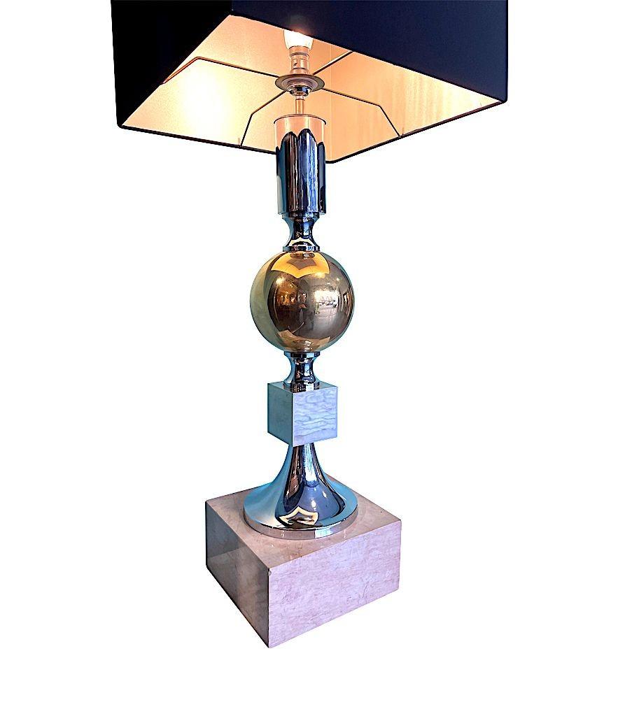 Large French 1970s Brass, Chrome and Marble Lamp by Maison Barbier For Sale 4