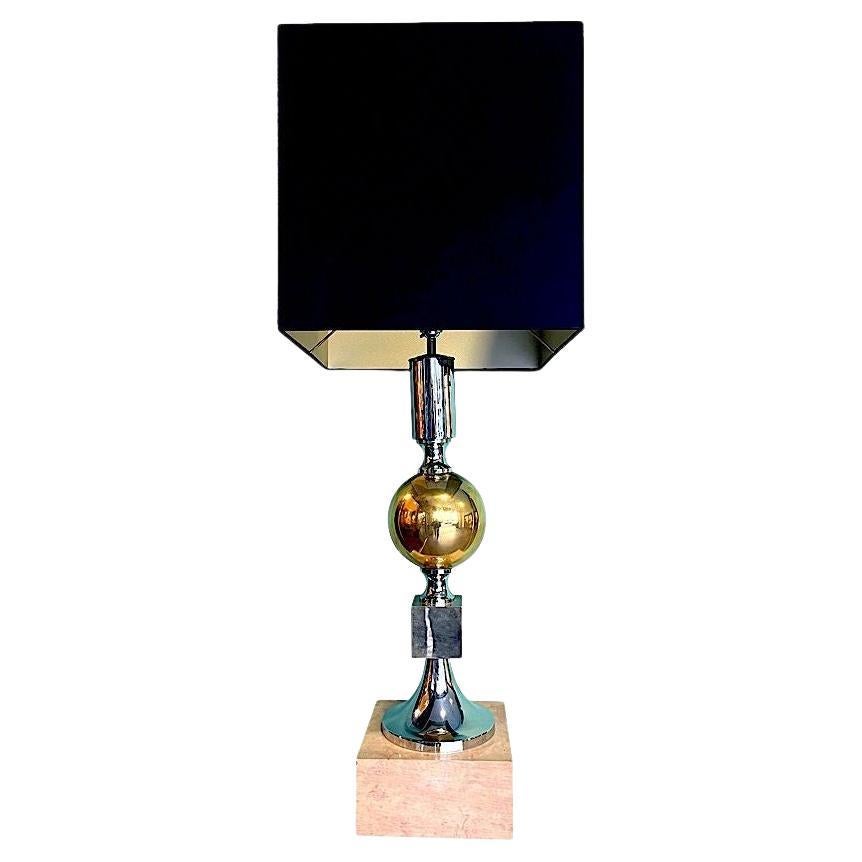 Large French 1970s Brass, Chrome and Marble Lamp by Maison Barbier For Sale