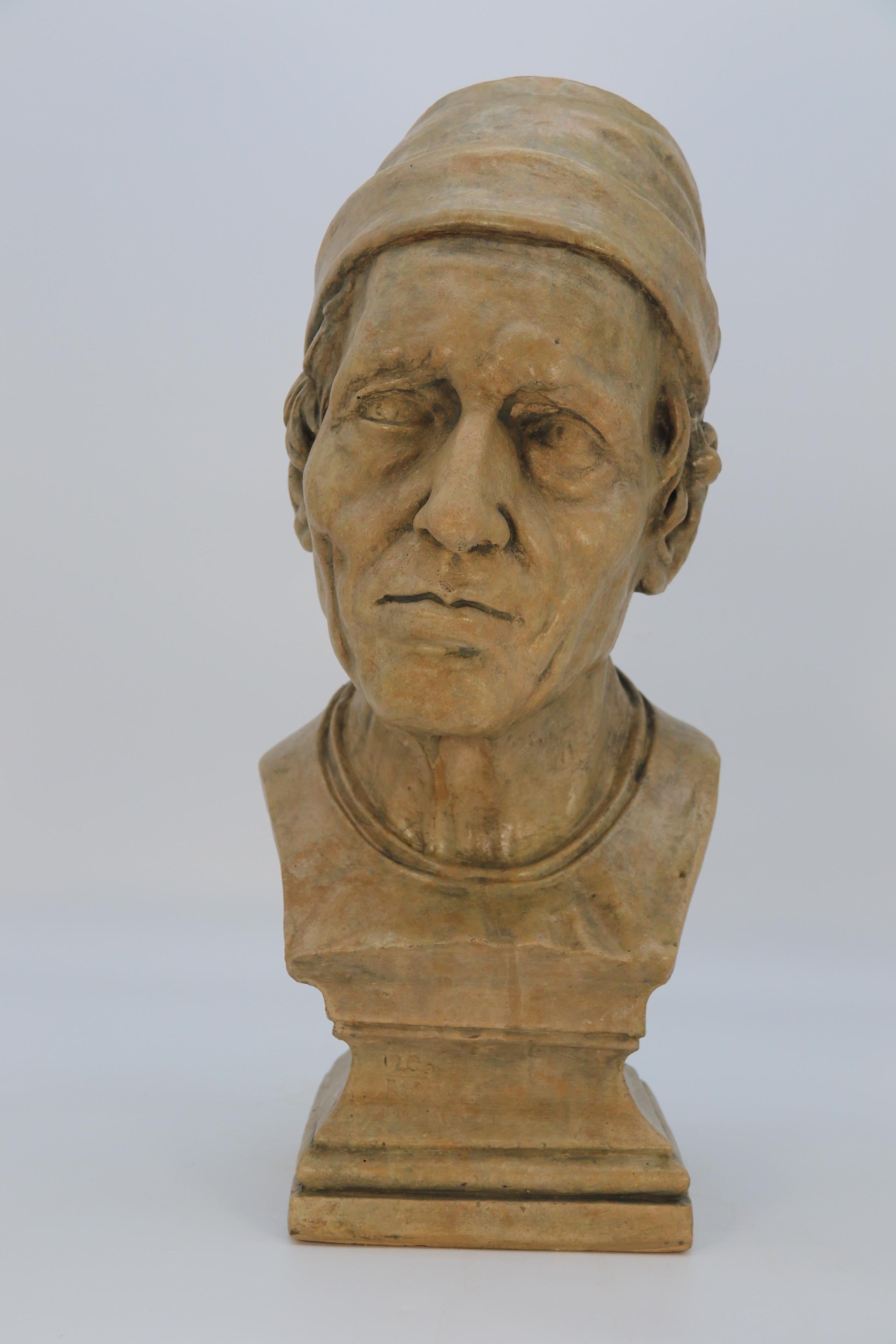 This most impressive life sized characterful plaster bust dates to circa 1860. It is finely modelled and depicts a medieval gentleman wearing a simple hat and tunic top. The features of his face are brilliantly defined.

This large plaster bust has