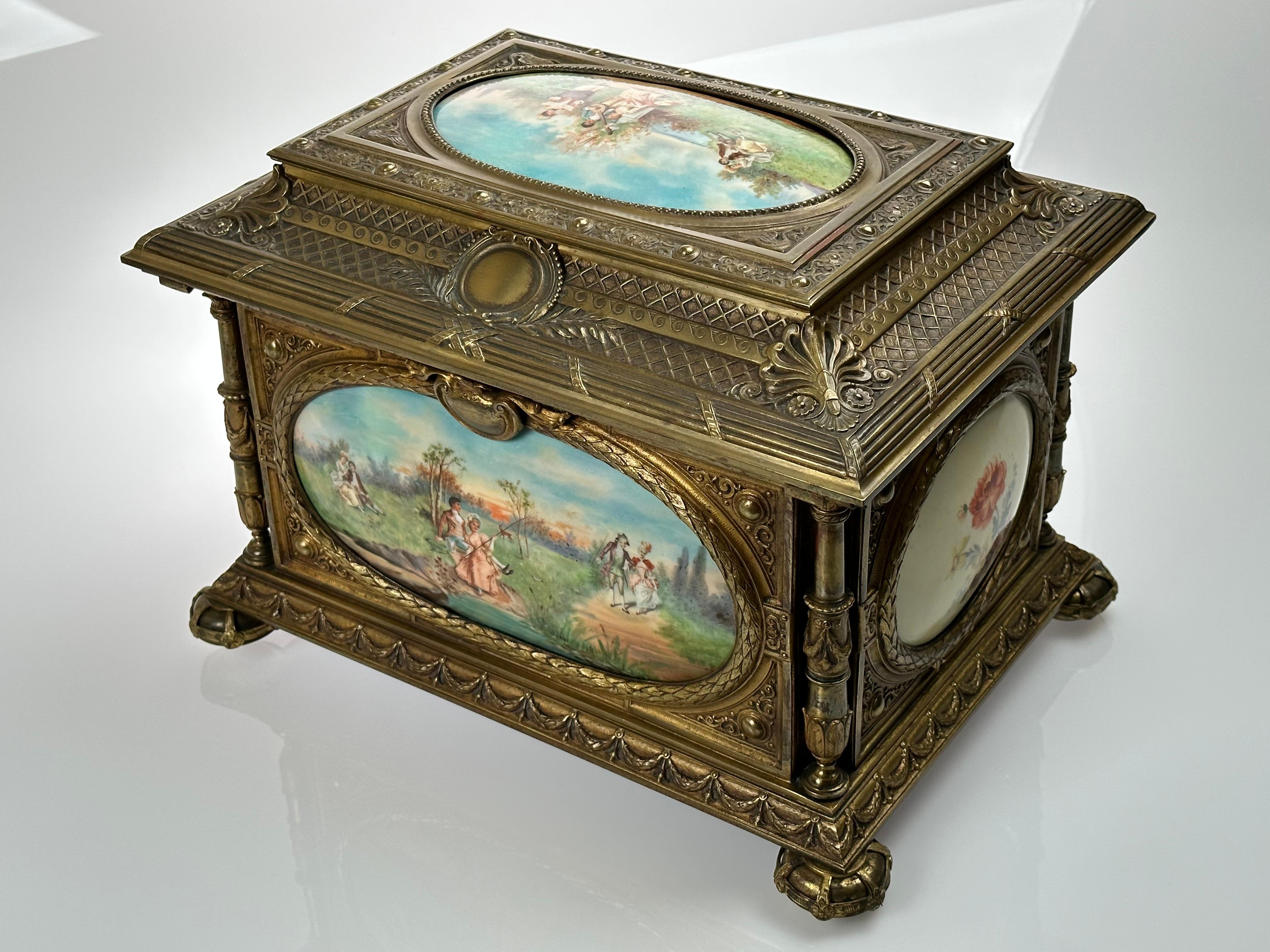 A Large French Antique Sevres Style Porcelain & Gilt Bronze Box Casket In Excellent Condition For Sale In Los Angeles, CA