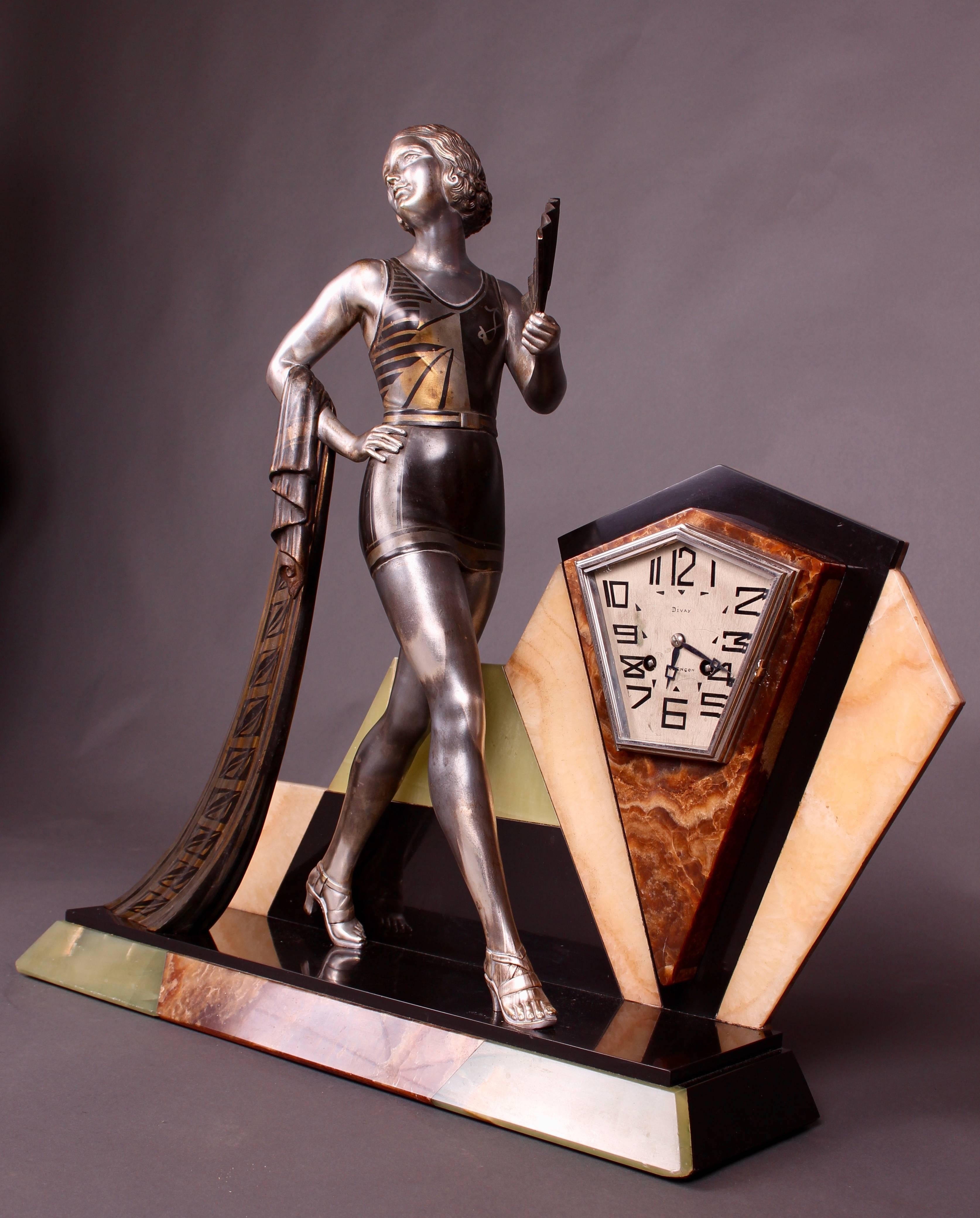 Mid-20th Century Large French Art Deco Bronzed Spelter and Marble Mantel Clock