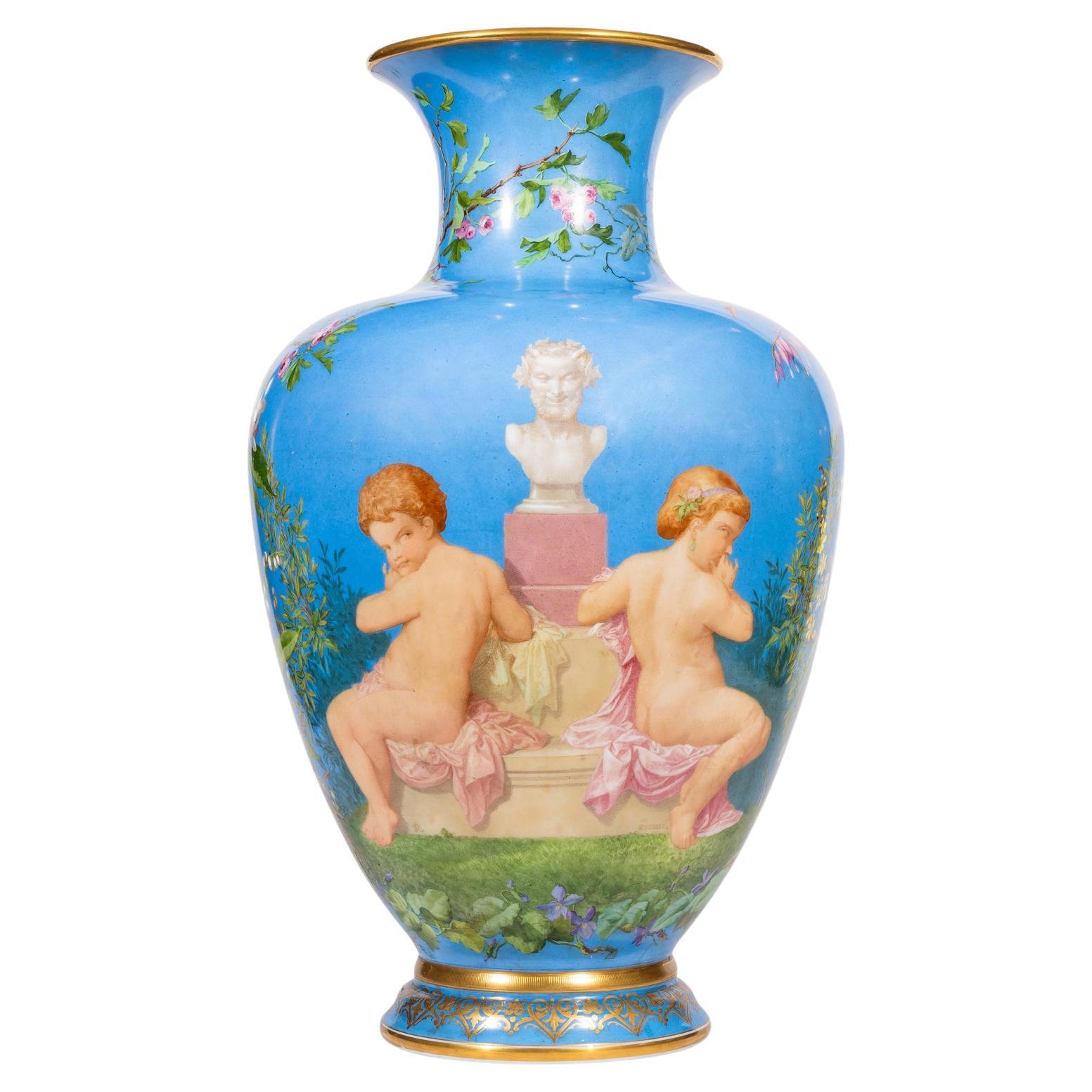 A Large French Baccarat Opaline Glass Hand-Painted "Bacchanale" Vase, by Roussel For Sale